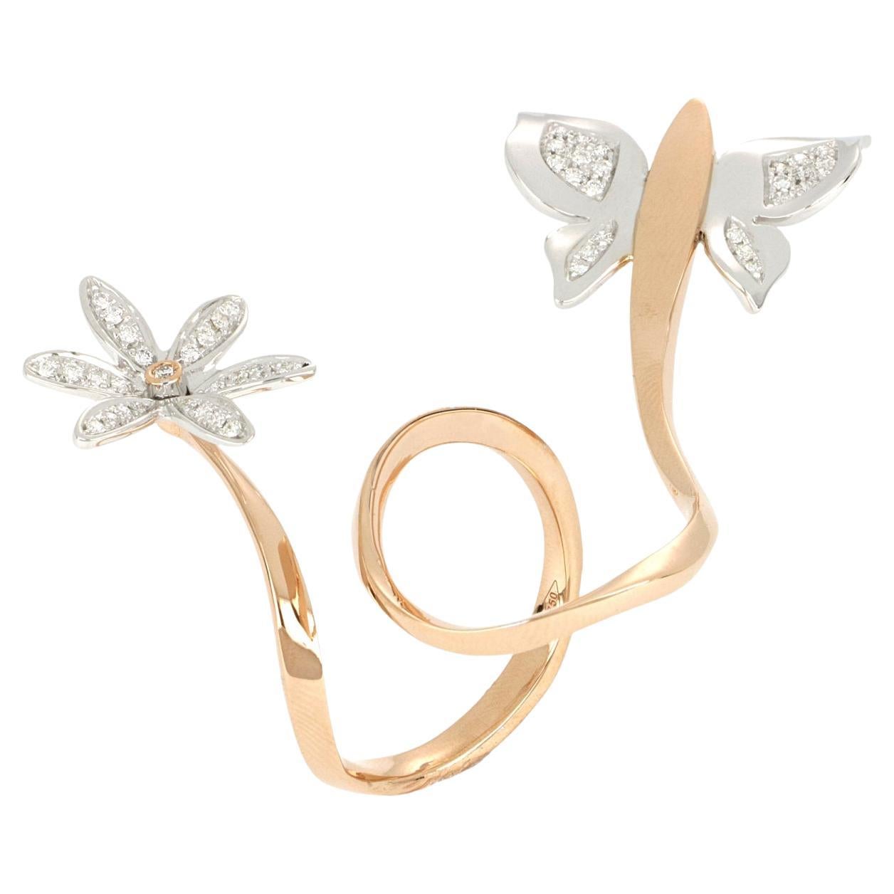 For Sale:  18kt Rose and Yellow Gold 3 Chic Butterfly & Flower Ring Paved with Diamonds