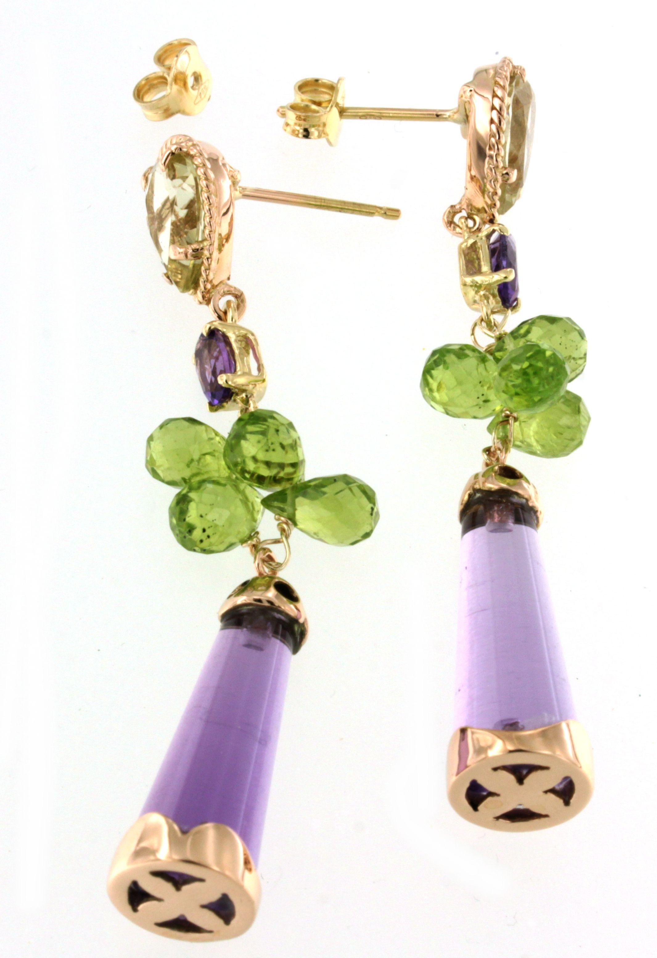 Contemporary 18kt Rose And Yellow Rose Gold  Amethyst Peridots Lemon Quartz Fashion Earrings  For Sale