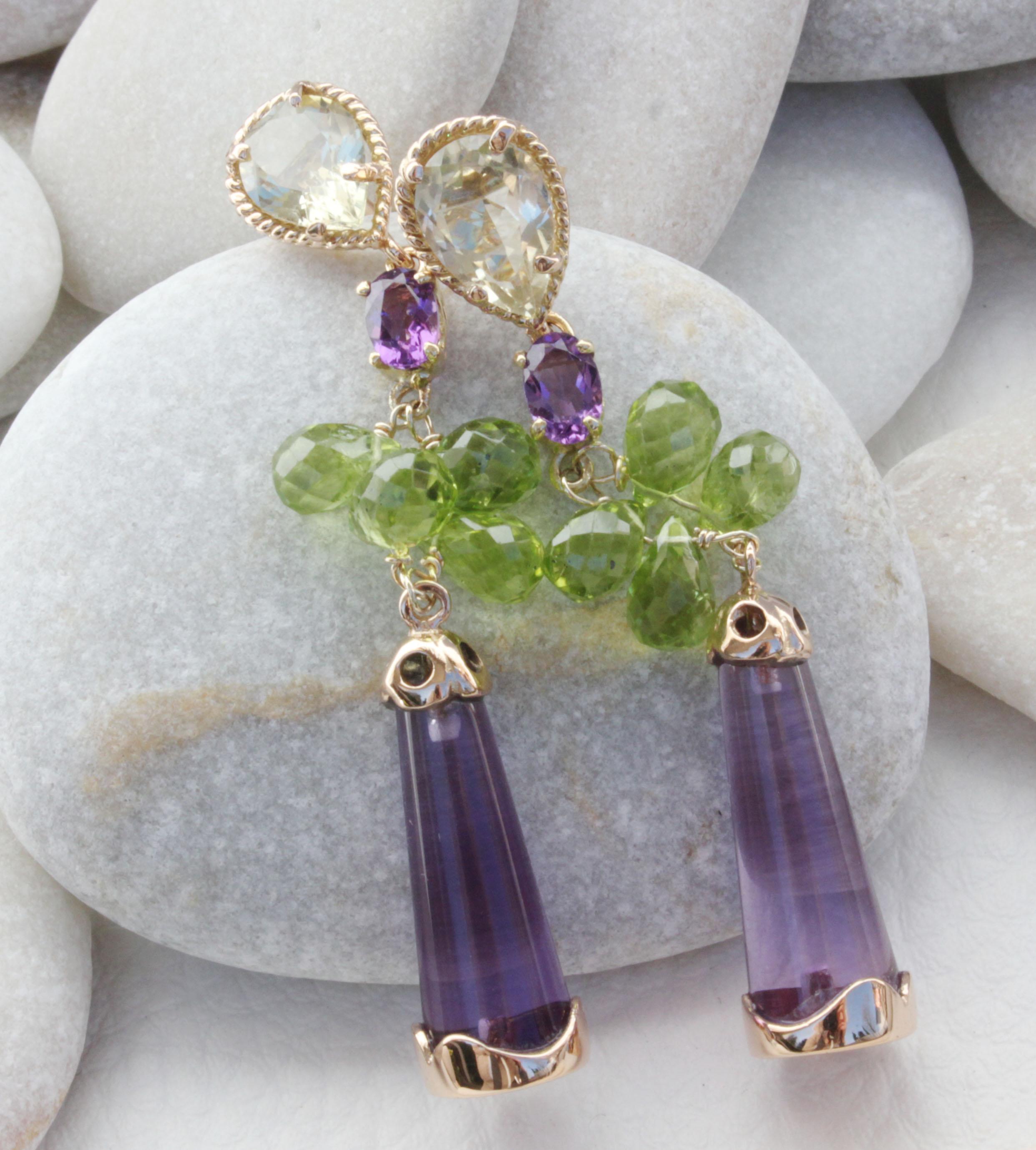 Oval Cut 18kt Rose And Yellow Rose Gold  Amethyst Peridots Lemon Quartz Fashion Earrings  For Sale