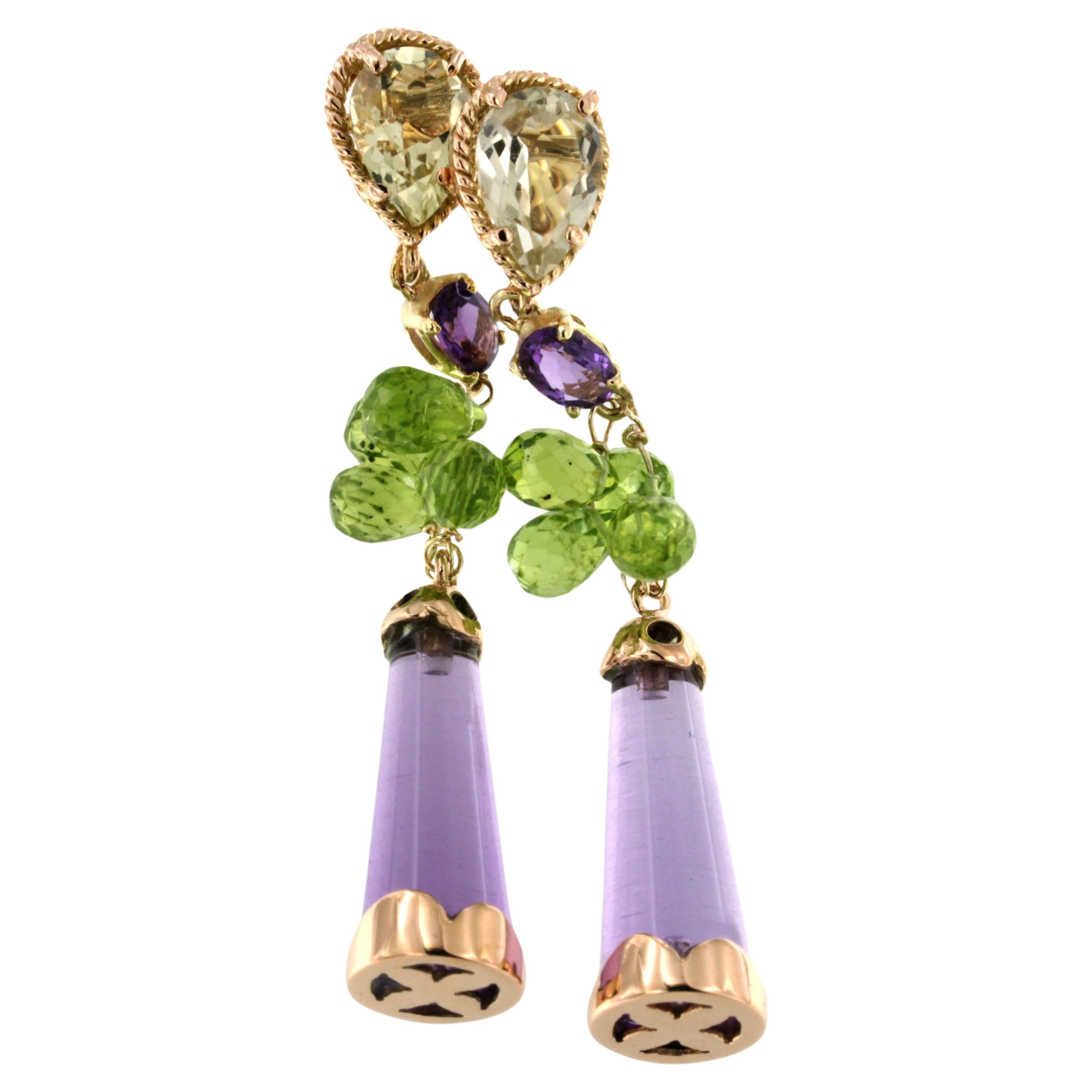 18kt Rose And Yellow Rose Gold  Amethyst Peridots Lemon Quartz Fashion Earrings  For Sale
