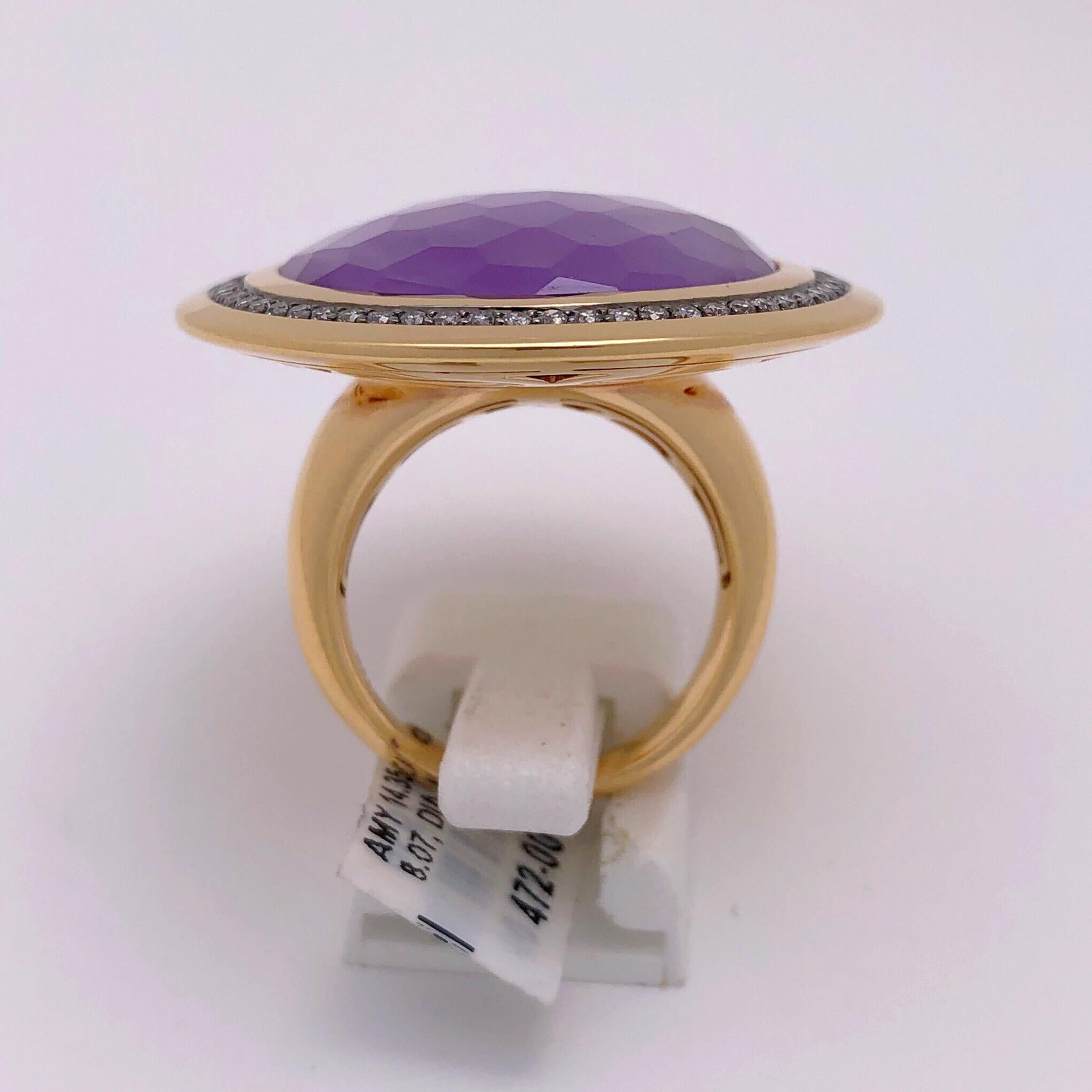 Modern 18KT Rose Gold, 14.35Ct. Amethyst & 8.07Ct Mother of Pearl Ring with Diamonds For Sale