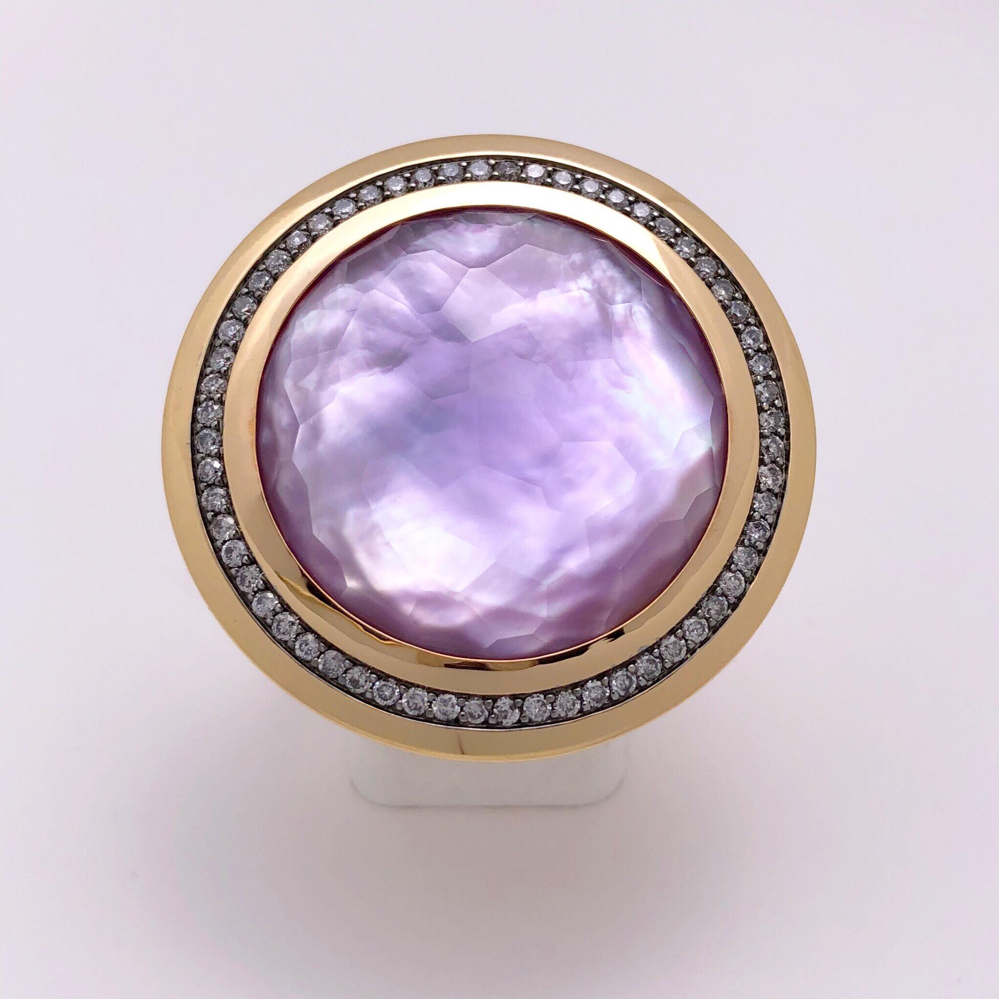 18KT Rose Gold, 14.35Ct. Amethyst & 8.07Ct Mother of Pearl Ring with Diamonds In New Condition For Sale In New York, NY