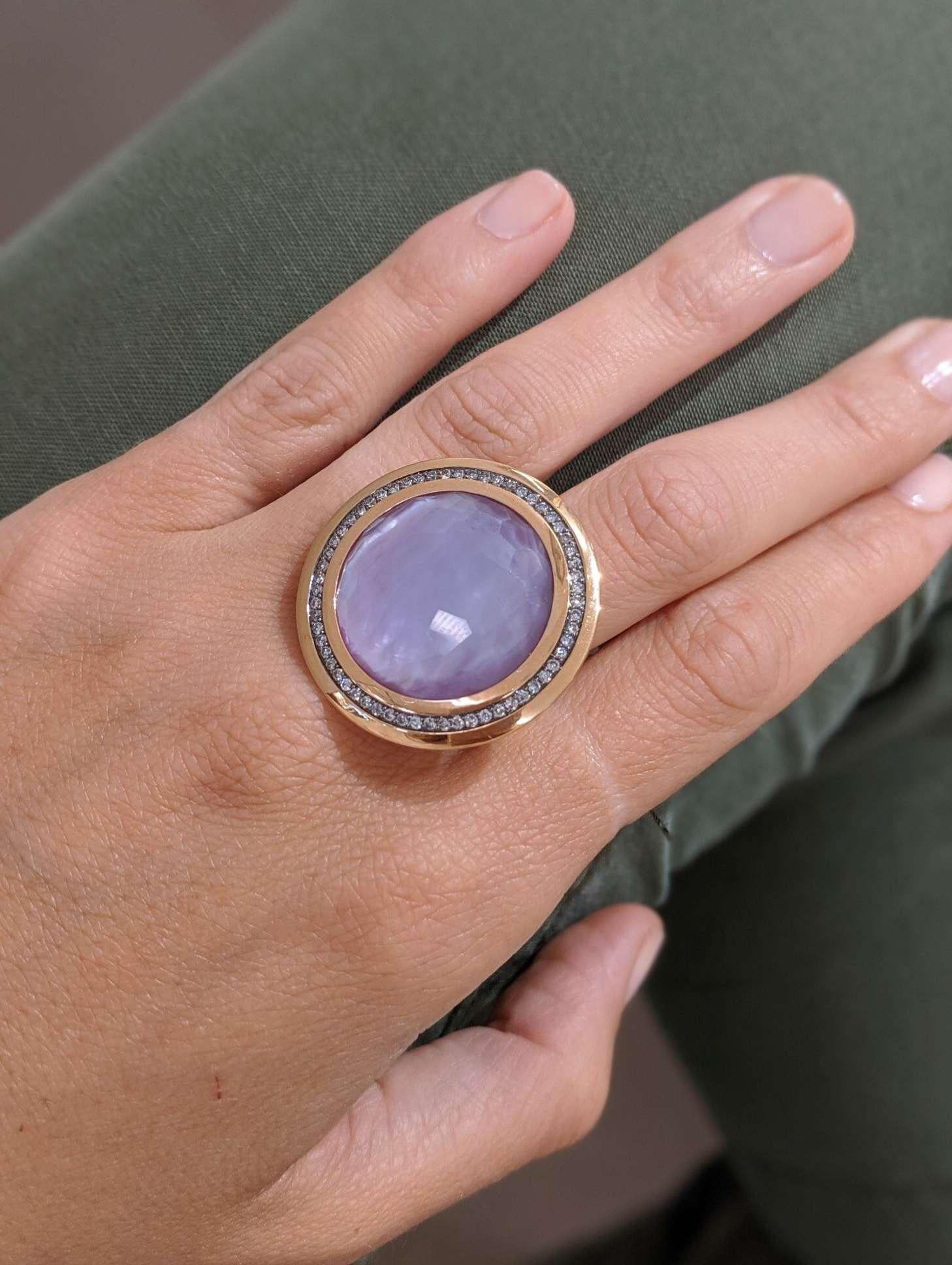 18KT Rose Gold, 14.35Ct. Amethyst & 8.07Ct Mother of Pearl Ring with Diamonds For Sale 1