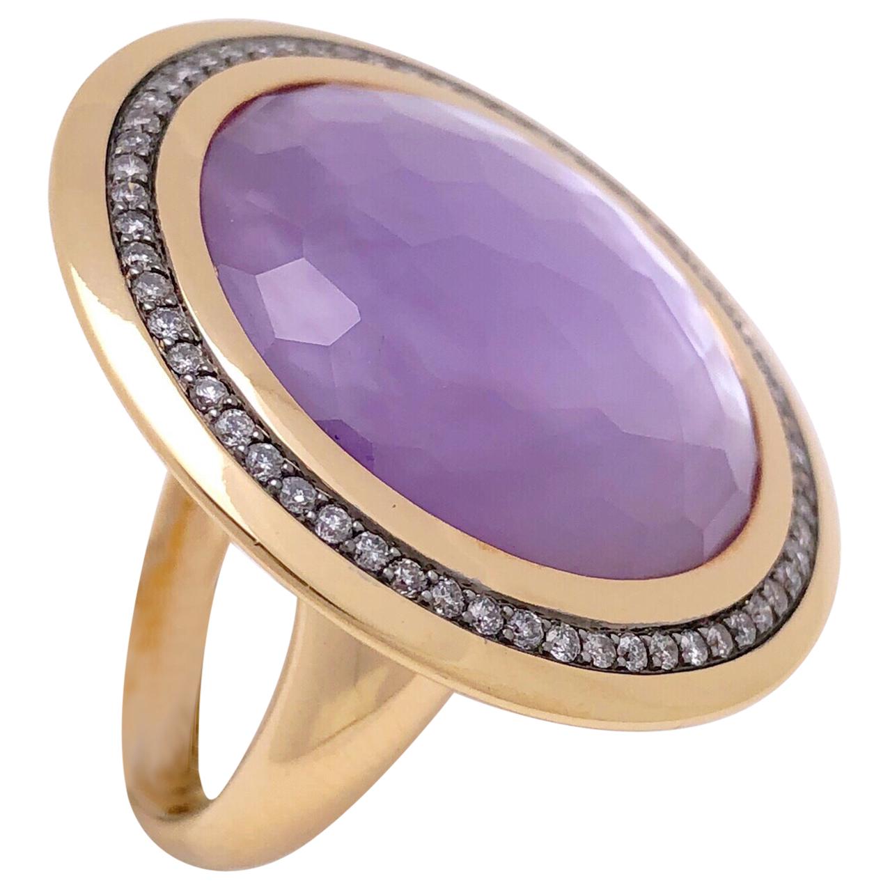 18KT Rose Gold, 14.35Ct. Amethyst & 8.07Ct Mother of Pearl Ring with Diamonds For Sale