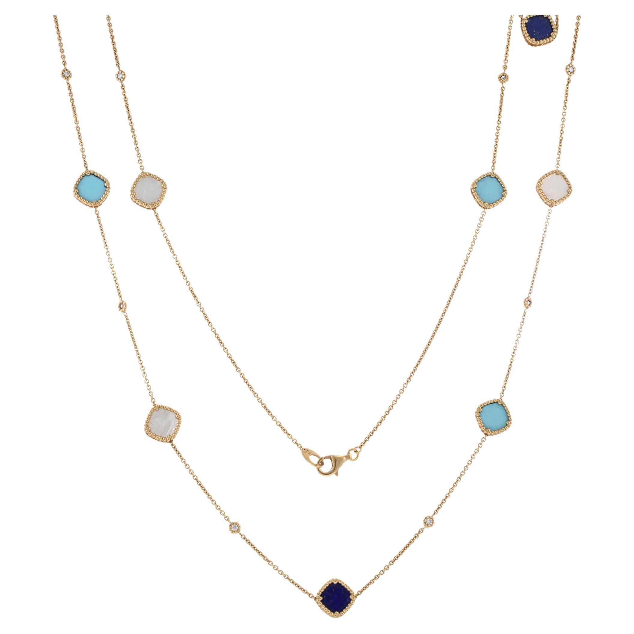 Collana in oro rosa 18KT da 35" con turchese, madreperla, lapis e diamanti in vendita