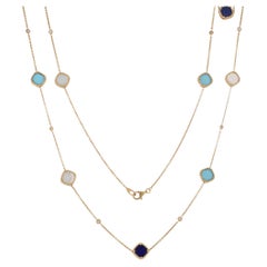 Collier de 35" en or rose 18KT avec turquoise, nacre, lapis et diamants