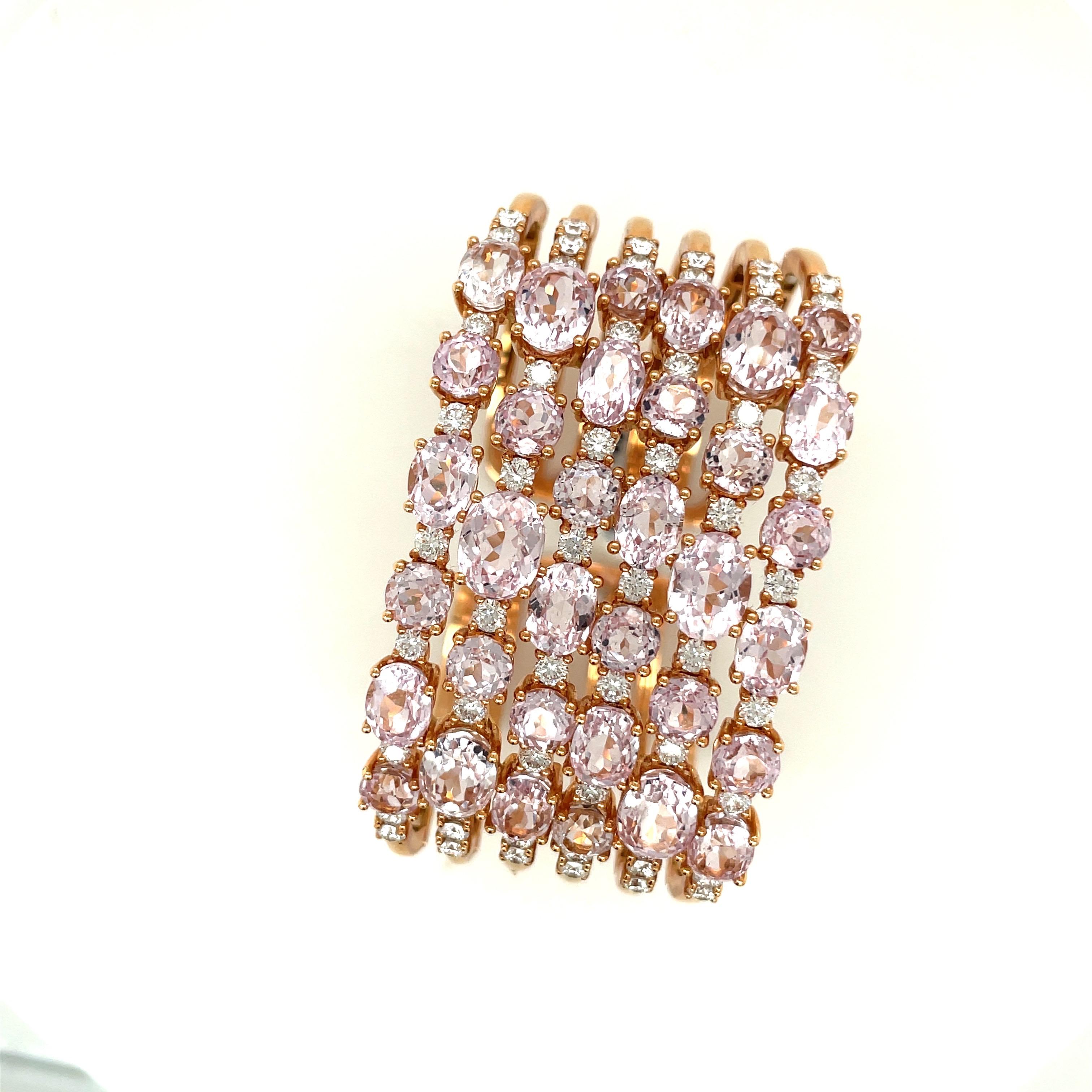 Modern 18KT Rose Gold 35.28Ct. Kunzite 3.70Ct. Diamond Cuff Bracelet For Sale