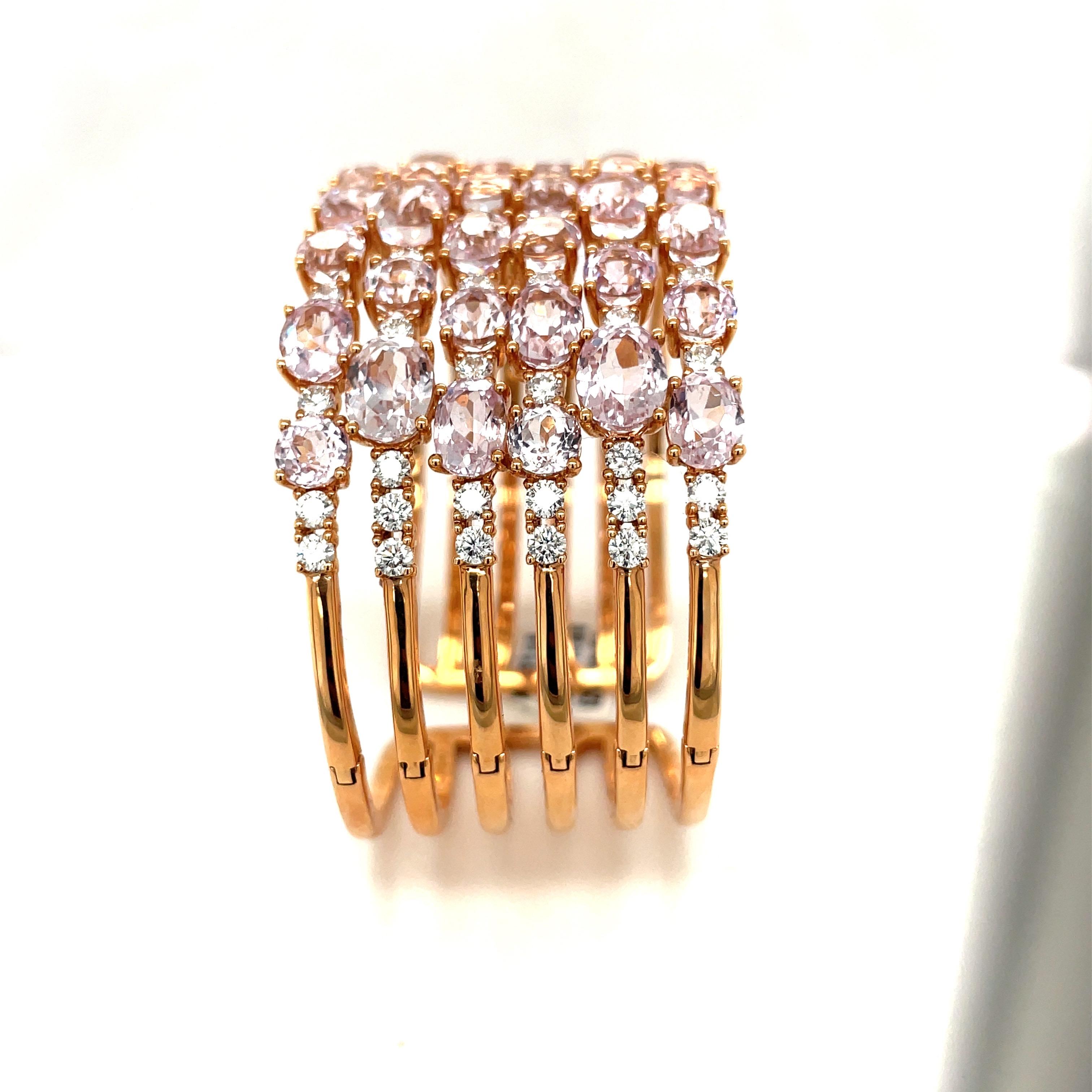 18KT Rose Gold 35.28Ct. Kunzite 3.70Ct. Diamond Cuff Bracelet In New Condition For Sale In New York, NY