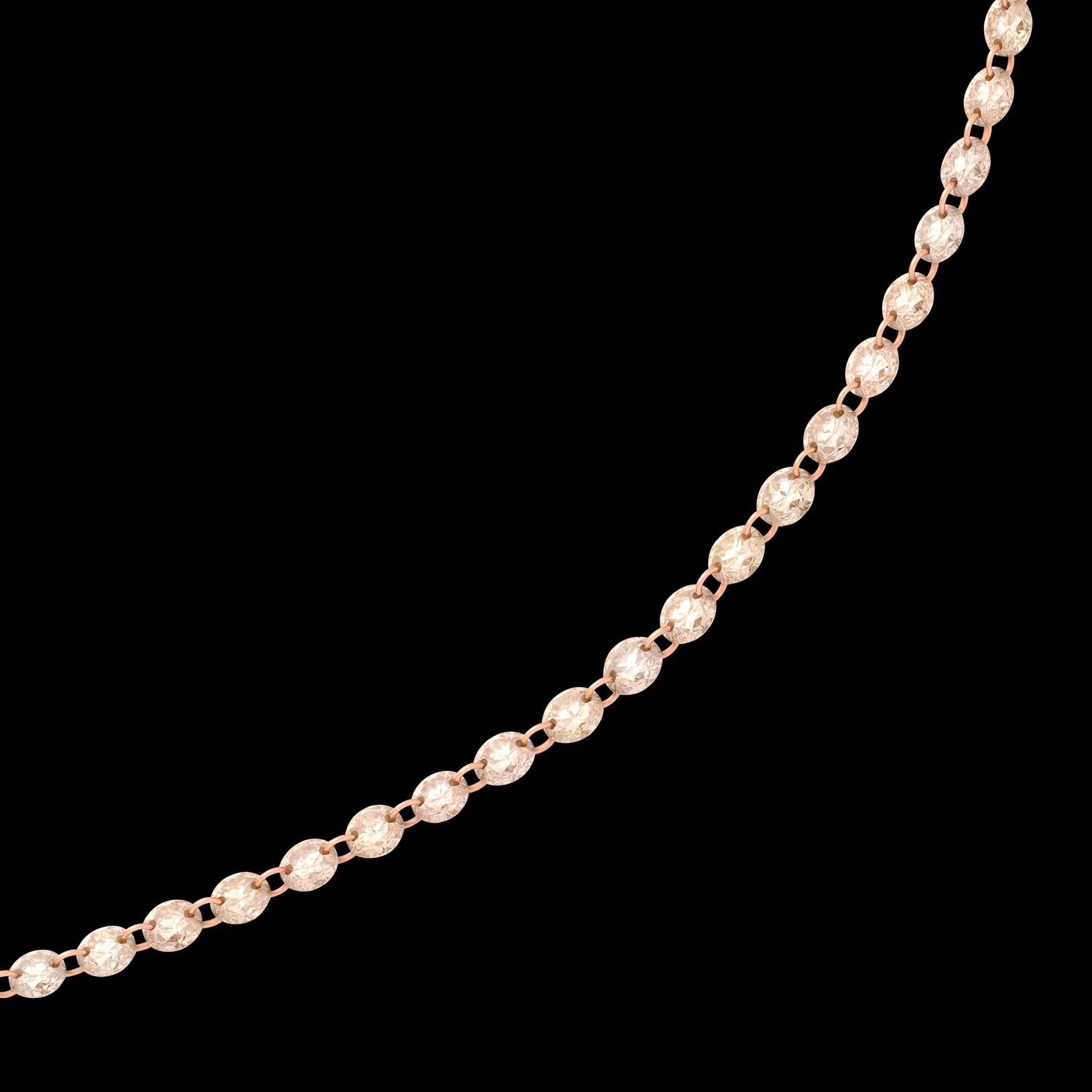 Your new favorite necklace! This 18 karat Rose Gold stunner features 84 expertly cut briolette diamonds for 4.10 carats total weight. The diamonds are linked together with the rose gold via tiny drill holes in the edge of each stone, giving the