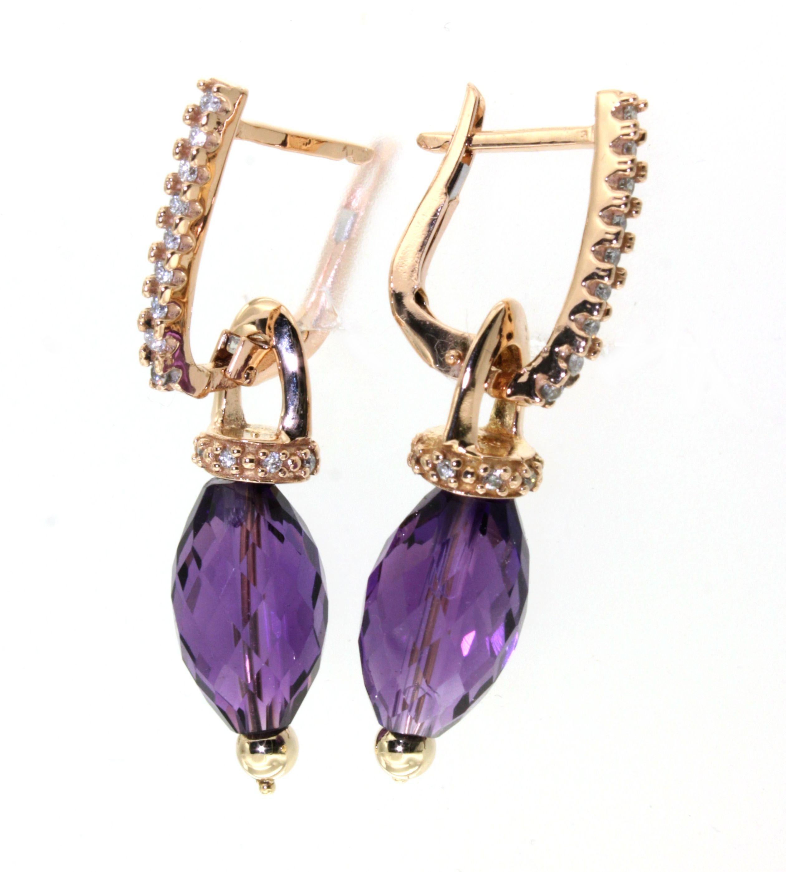 14Kt Rose Gold Amethyst Natur Stein Weiß Diamanten Modern Trandy  Ohrringe (Briolette) im Angebot