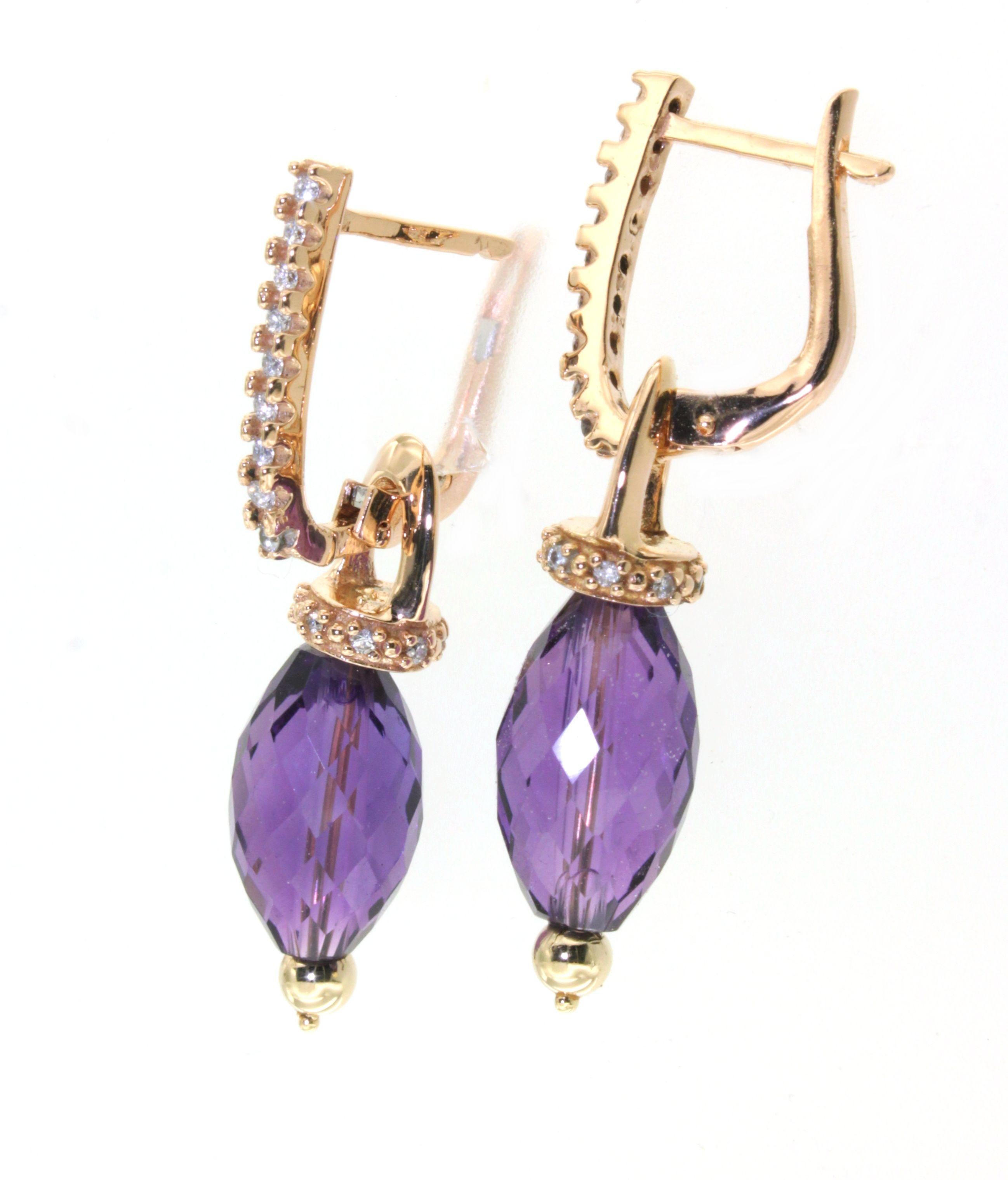 14Kt Rose Gold Amethyst Natur Stein Weiß Diamanten Modern Trandy  Ohrringe im Zustand „Neu“ im Angebot in GALLARATE, IT
