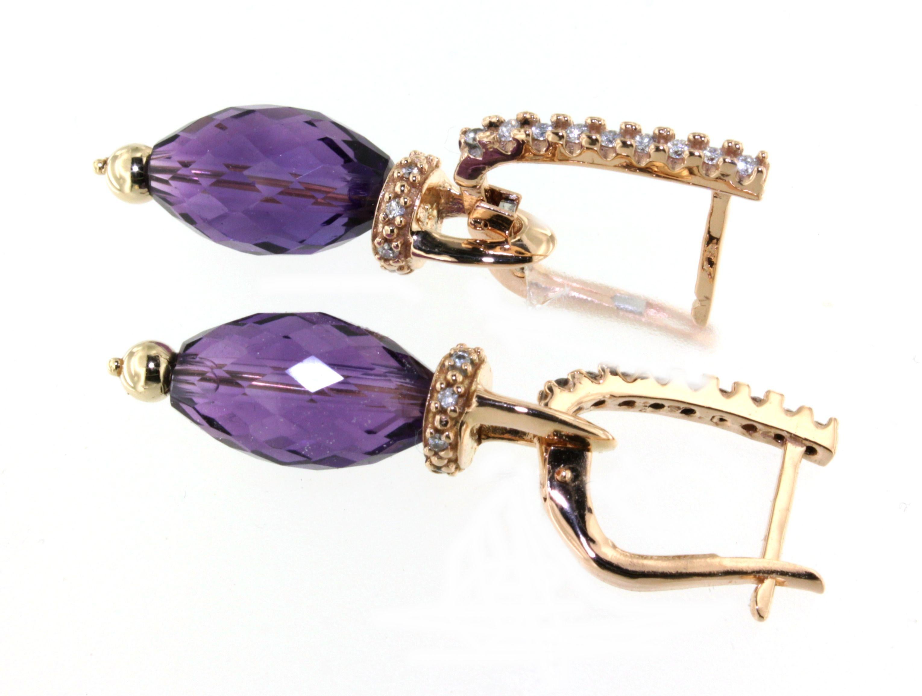 14Kt Rose Gold Amethyst Natur Stein Weiß Diamanten Modern Trandy  Ohrringe für Damen oder Herren im Angebot