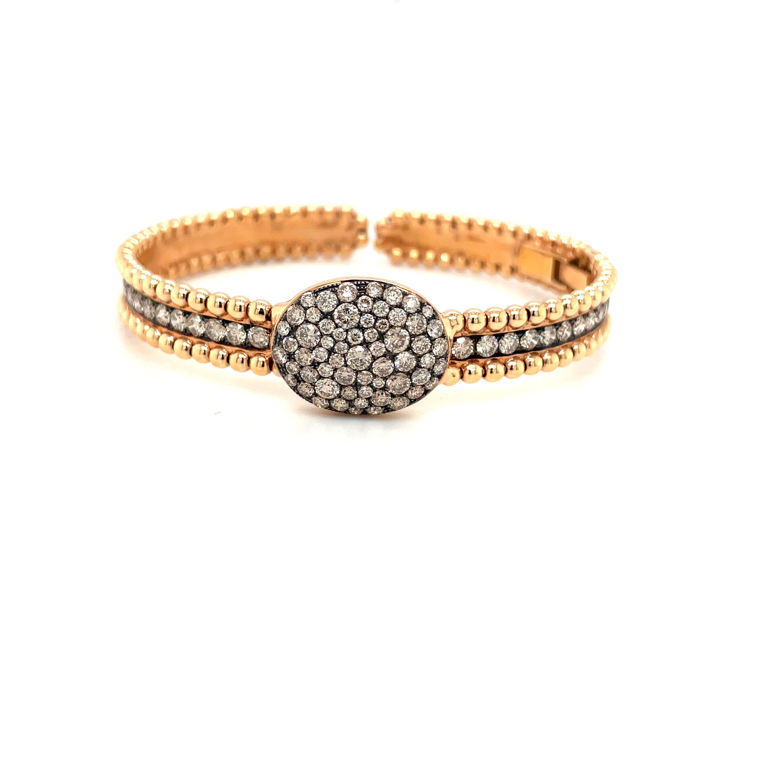 18KT Rose Gold and 3.50Ct Cognac Diamonds Beaded Edge Bracelet For Sale 2