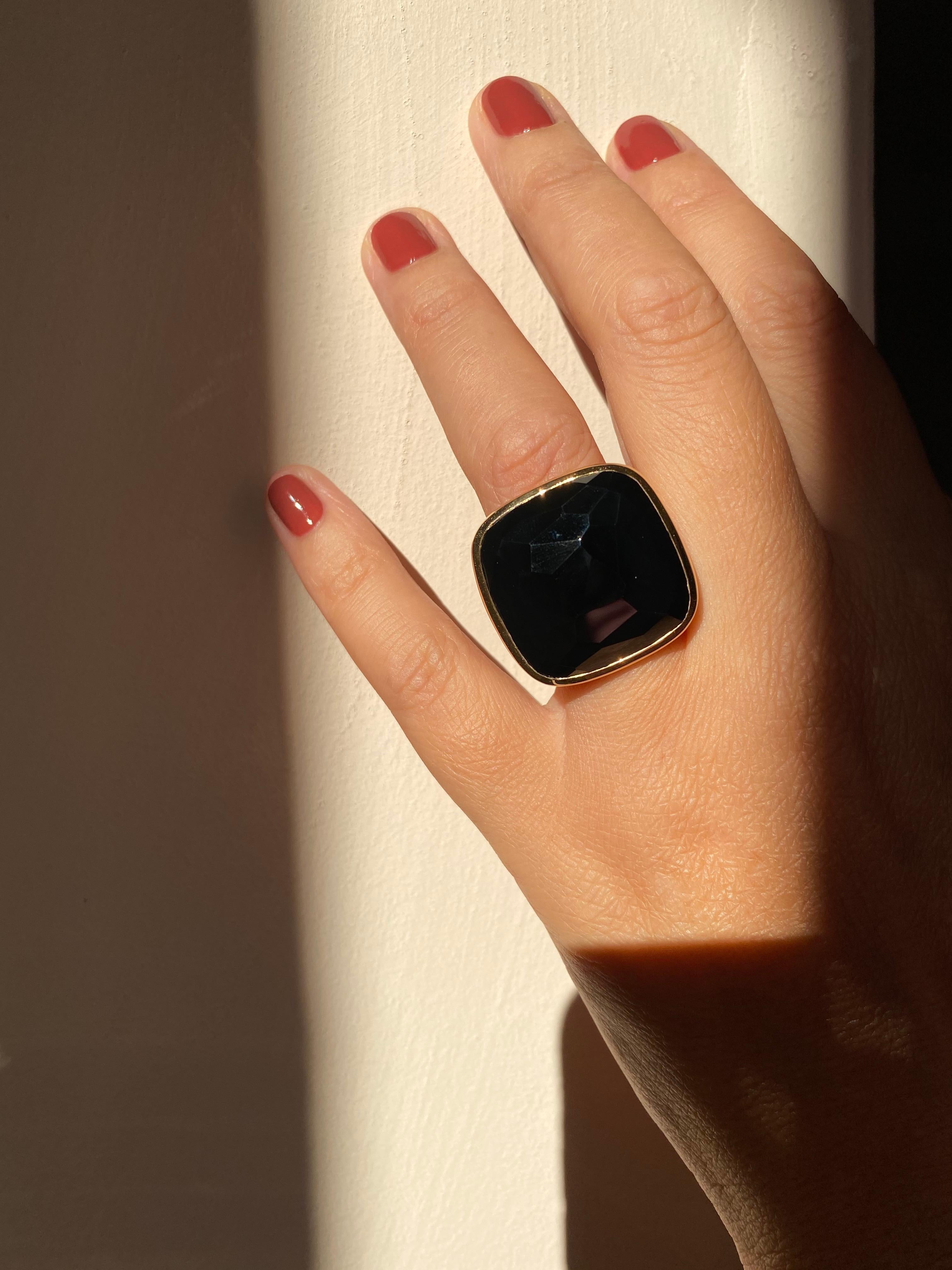 Square Cut 18Kt Rose Gold and Faceted Onyx Ring For Sale