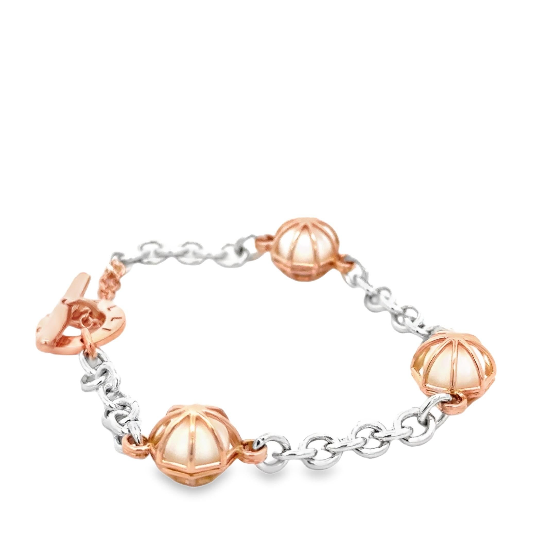 Contemporary 18KT Rose Gold and Silver Chain Bracelet with Howlite Spheres For Sale