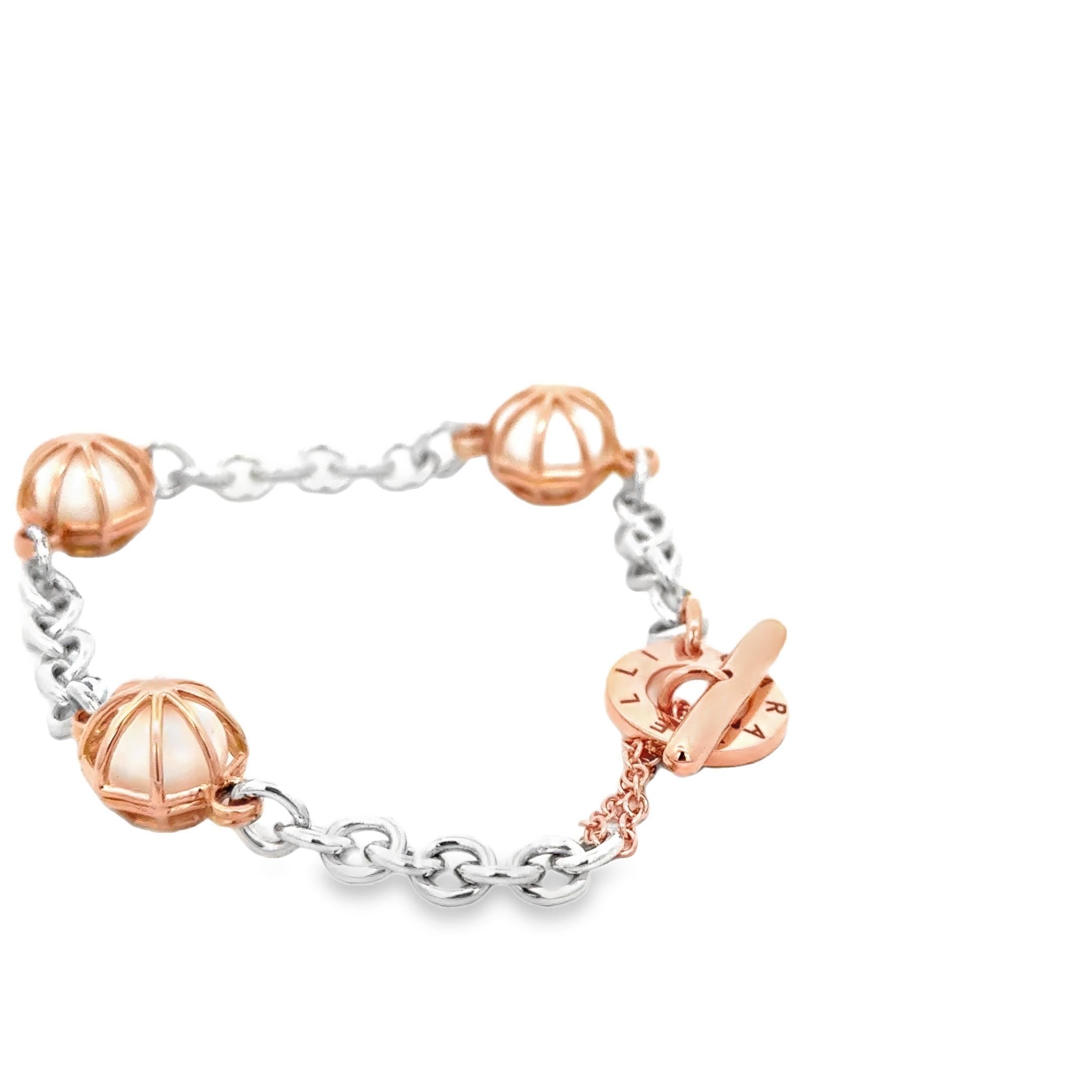 Pulsera de cadena de oro rosa y plata de 18 quilates con esferas de howlita en Nuevo estado para la venta en Valenza, IT