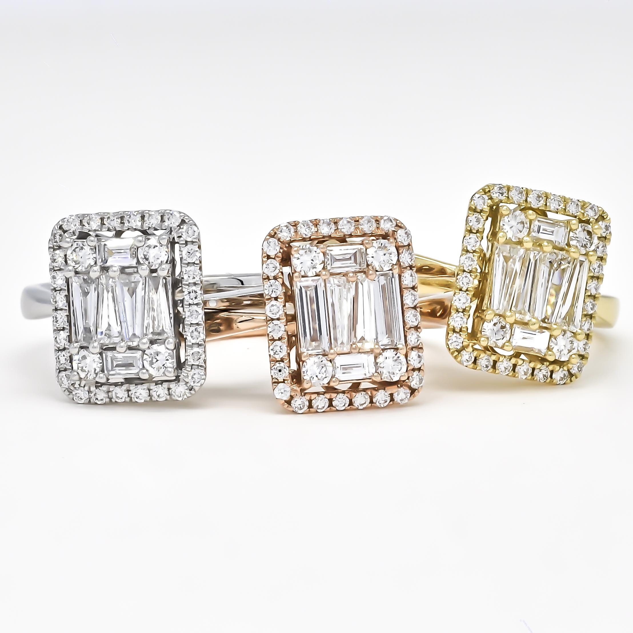 Baguette Cut 18KT Rose Gold Baguette Halo Cluster Natural Diamonds Engagement Ring R065979 RG For Sale