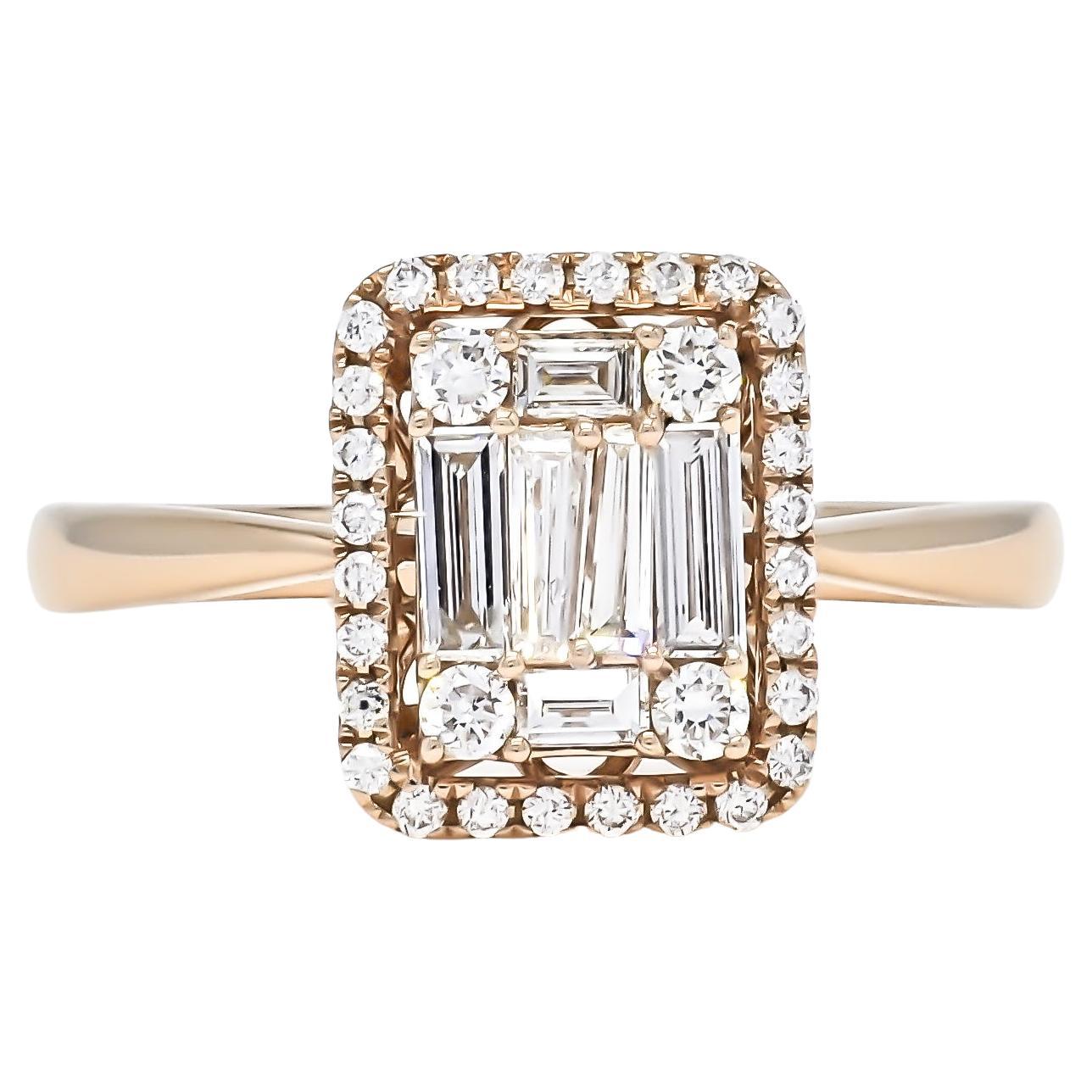 18KT Rose Gold Baguette Halo Cluster Natural Diamonds Engagement Ring R065979 RG For Sale