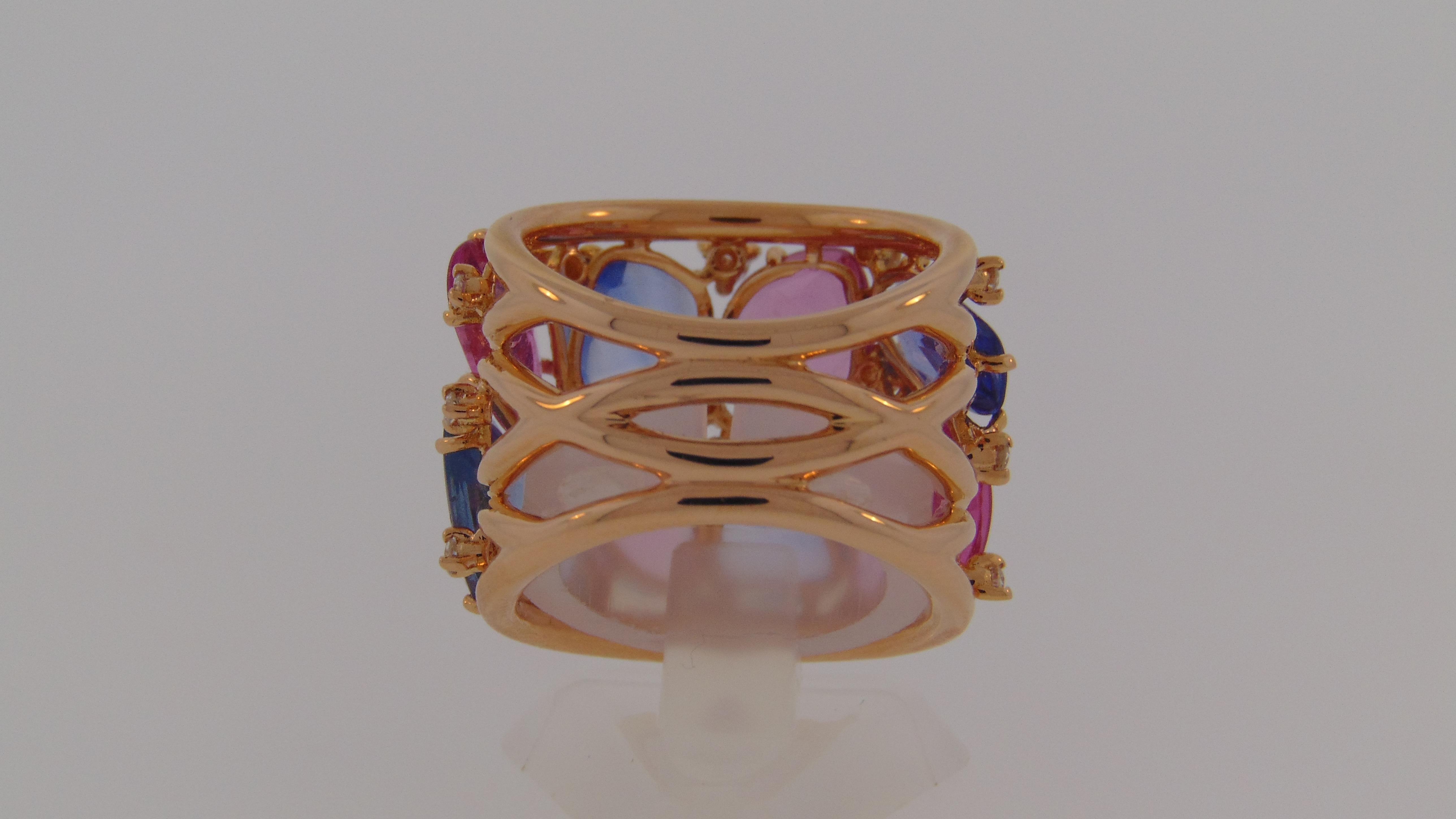 Contemporary 18 Karat Rose Gold, Blue and Pink Sapphire Ring with Diamonds For Sale