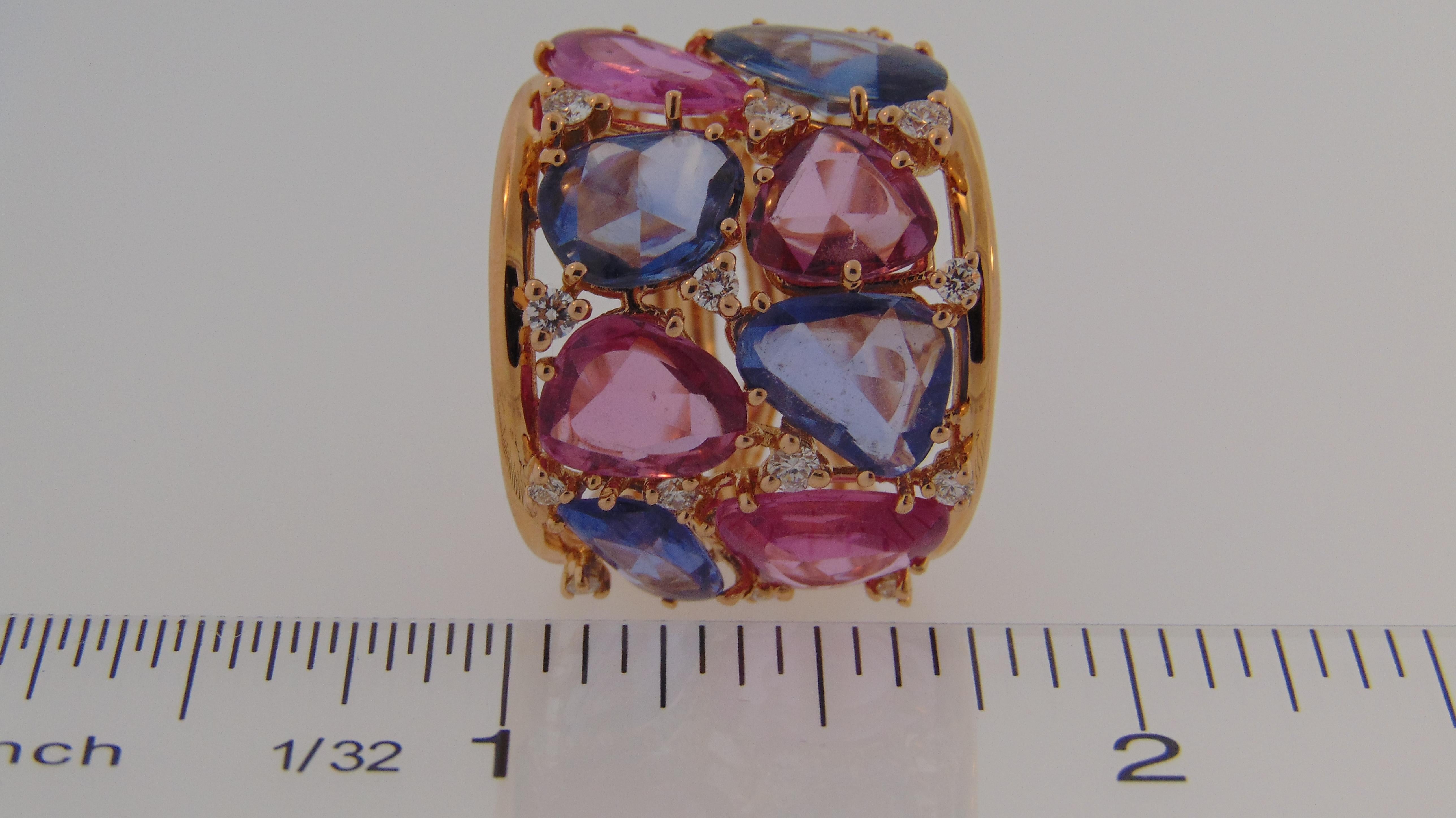 Women's or Men's 18 Karat Rose Gold, Blue and Pink Sapphire Ring with Diamonds For Sale