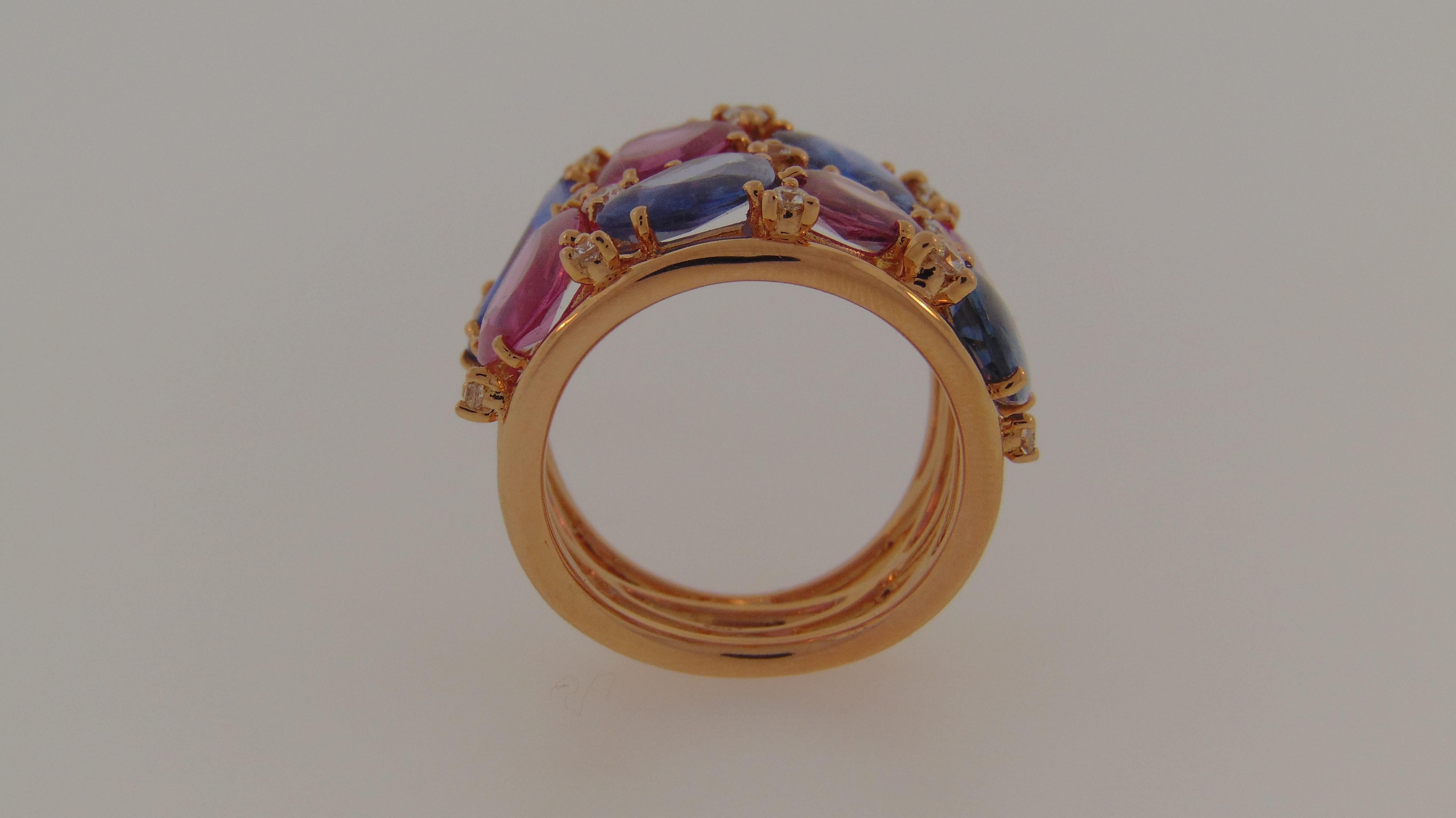 18 Karat Rose Gold, Blue and Pink Sapphire Ring with Diamonds For Sale 1
