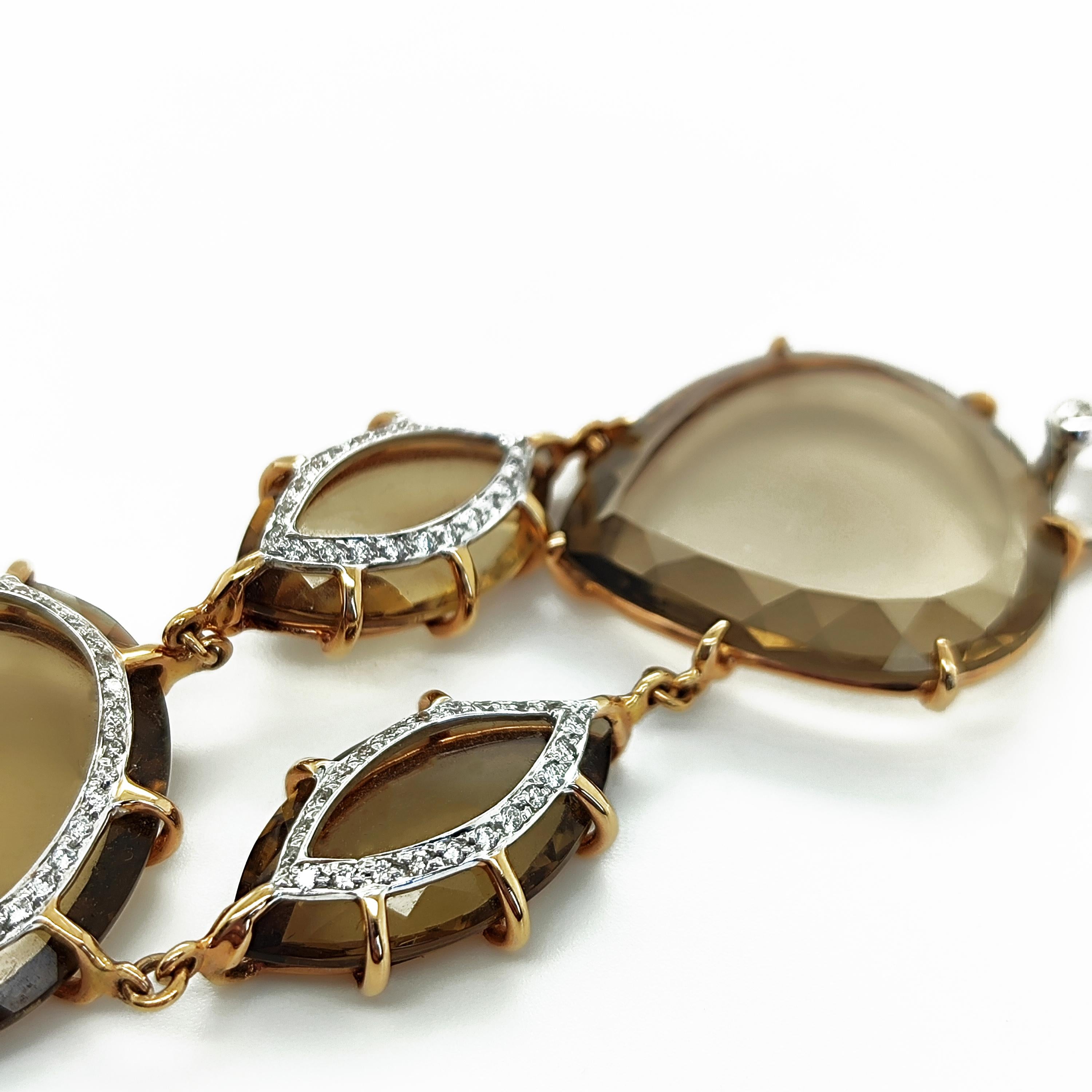 Modern 18kt Rose Gold Bracelet with 1, 60 ct Diamonds and 10 ct Cognac Quartz For Sale