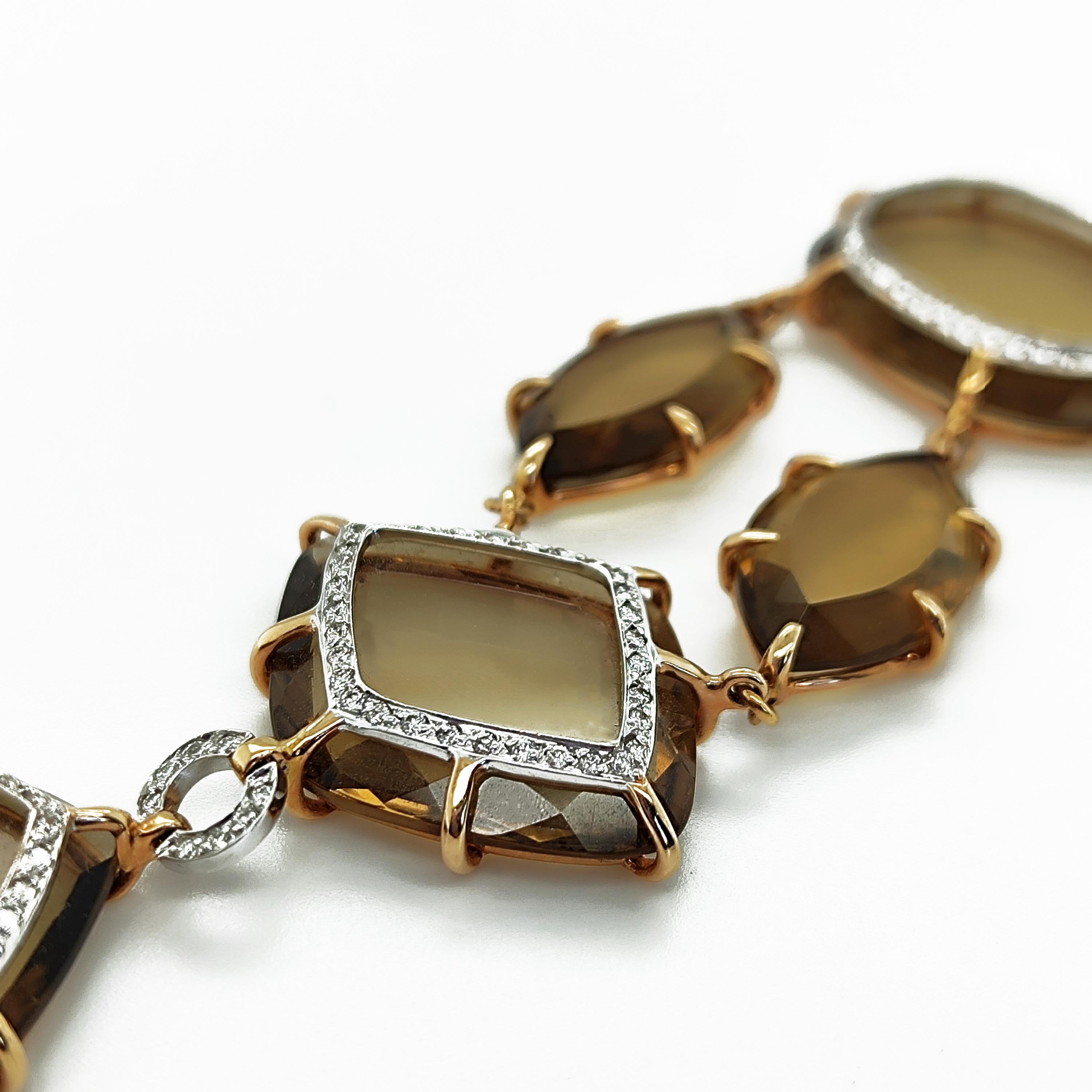 Brilliant Cut 18kt Rose Gold Bracelet with 1, 60 ct Diamonds and 10 ct Cognac Quartz For Sale