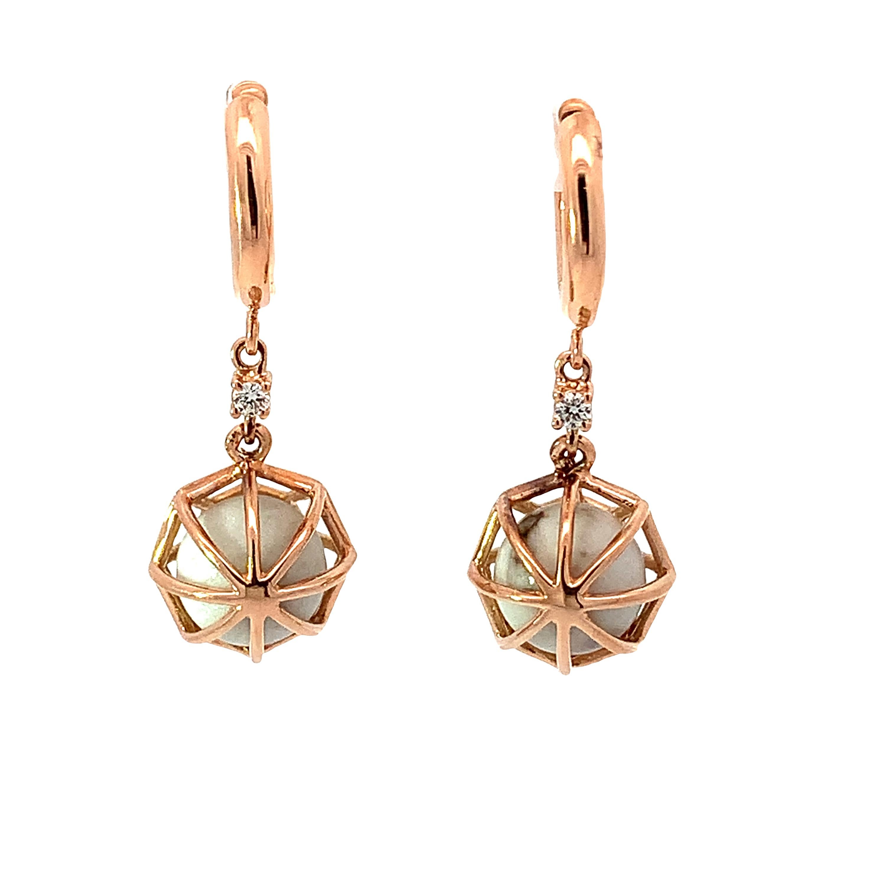 18KT Rose Gold Chain Hanging Earrings with White  Howlite Spheres For Sale 1