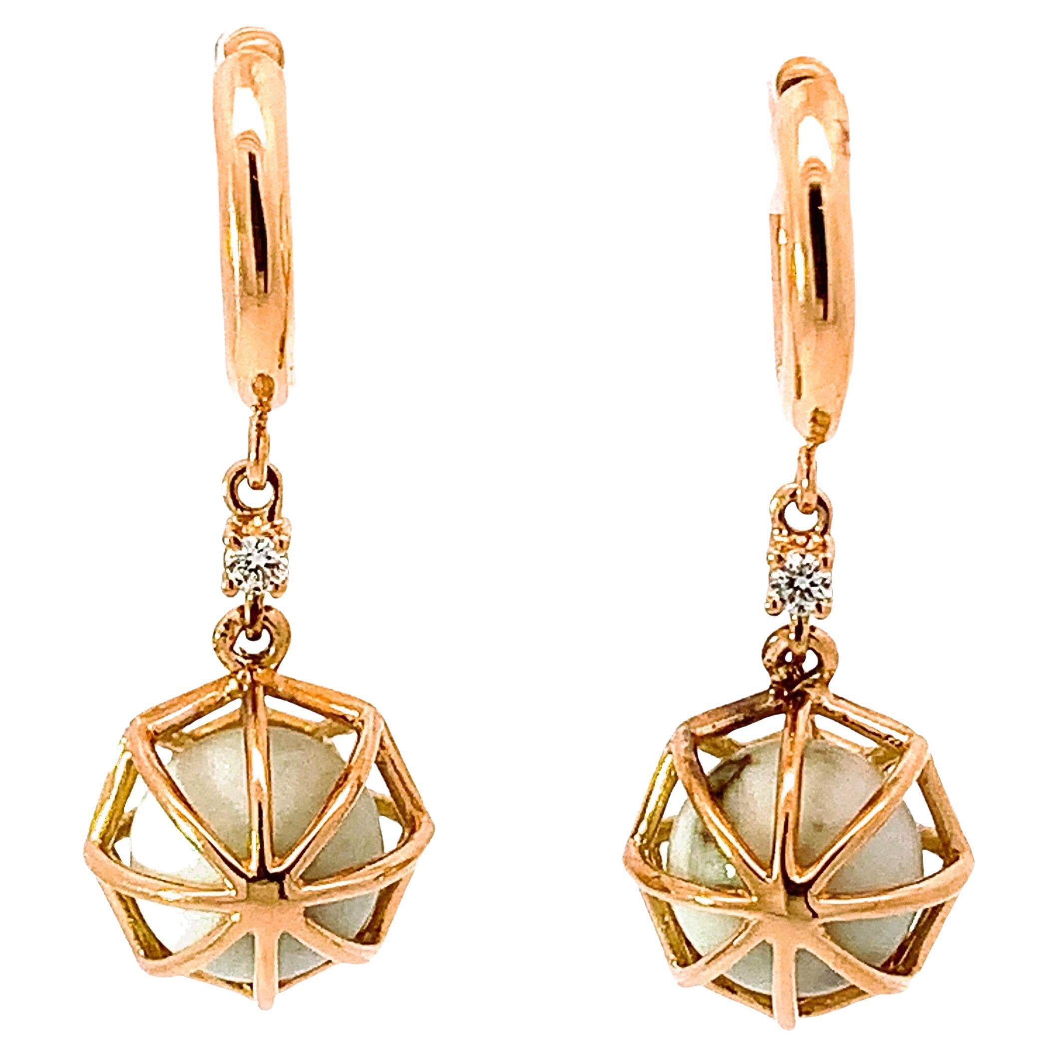 18KT Rose Gold Chain Hanging Earrings with White  Howlite Spheres For Sale