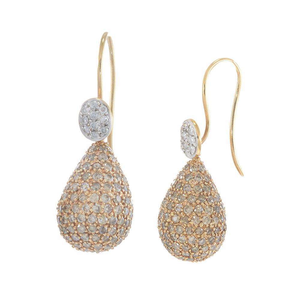 Taglio rotondo Orecchini a goccia in oro rosa 18KT con diamanti bianchi e champagne in vendita