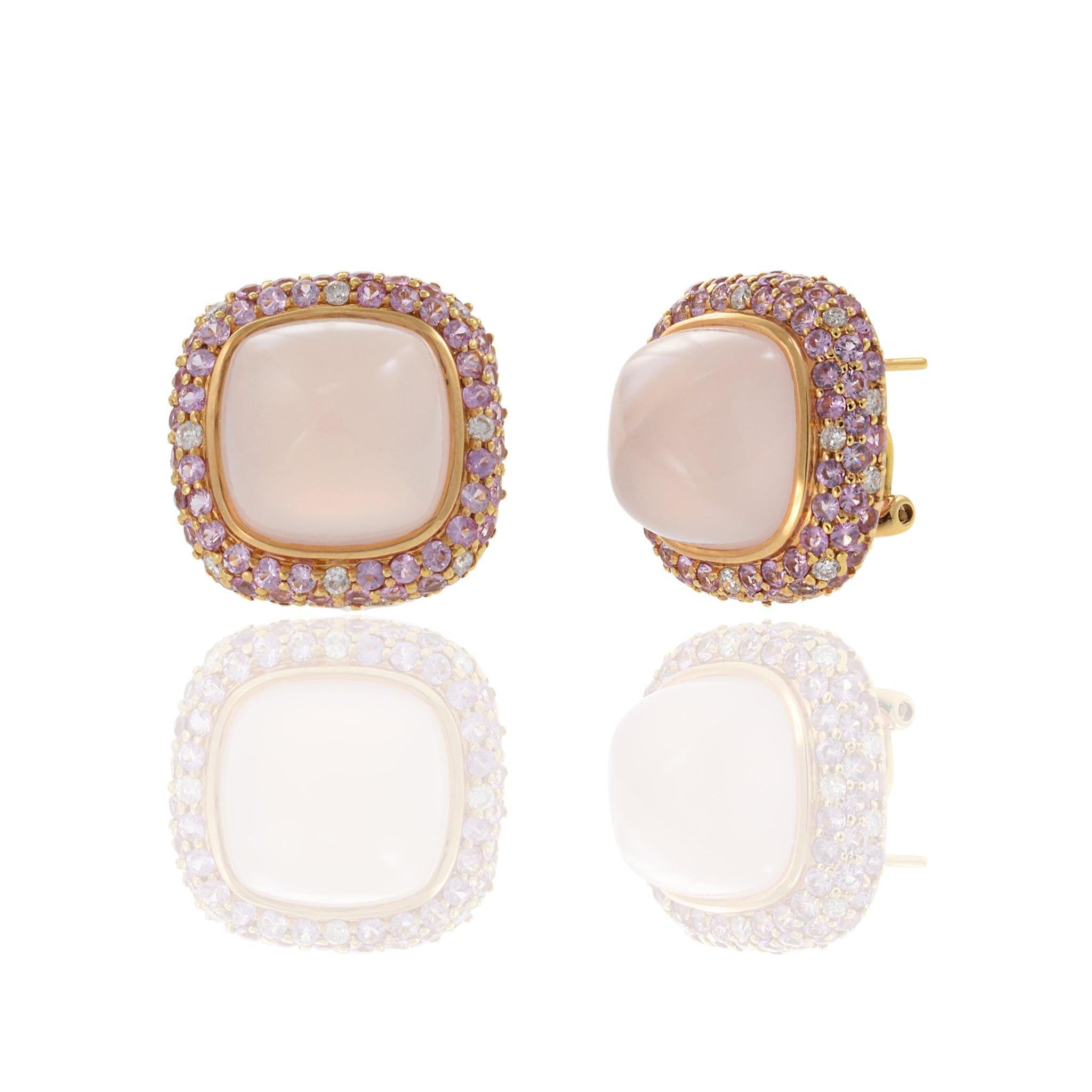 Taglio a rosa Orecchini a clip in oro rosa 18KT con quarzo rosa, zaffiro rosa e accenti di diamanti in vendita
