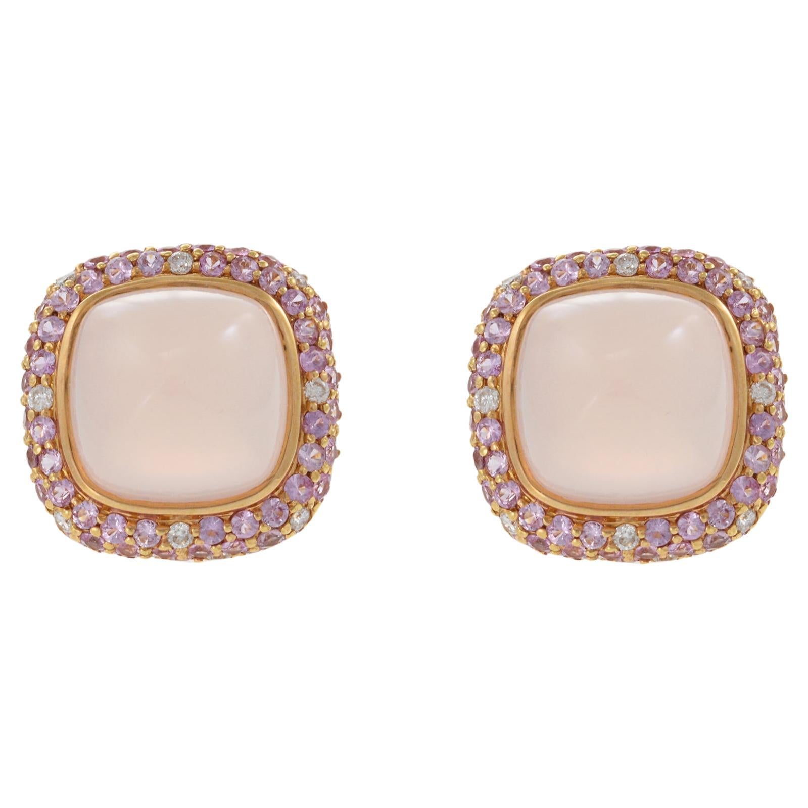 18KT Rose Gold Clip Earrings with Rose Quartz, Pink Sapphire, and Diamond Accent