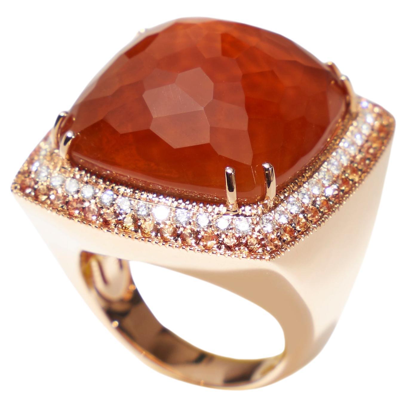 18kt rose gold cushion cut cocktail ring orange sapphires and diamonds For Sale