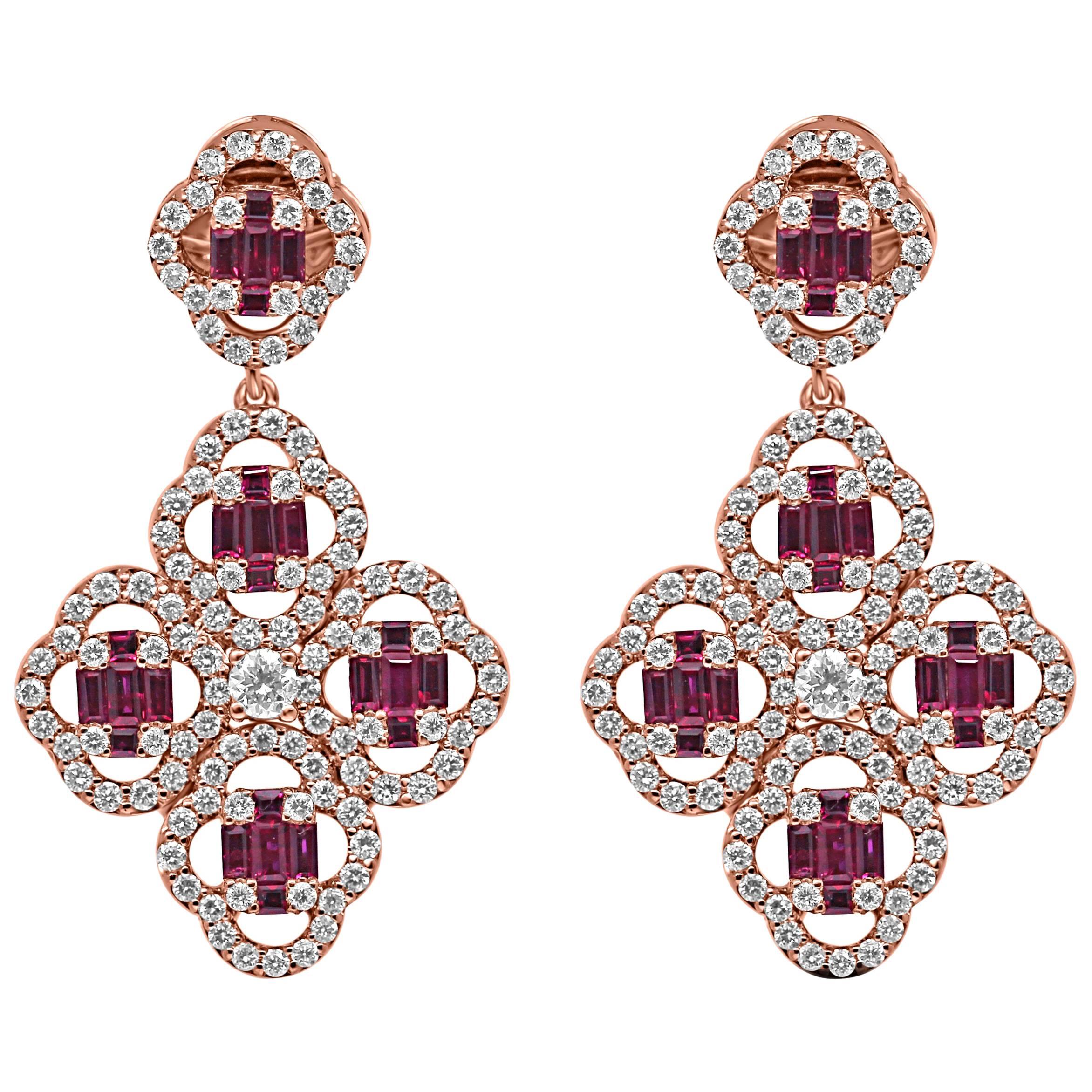 18Kt Rose Gold Dangling Clover Push-Back Earrings Diamond and Ruby Gemstones For Sale