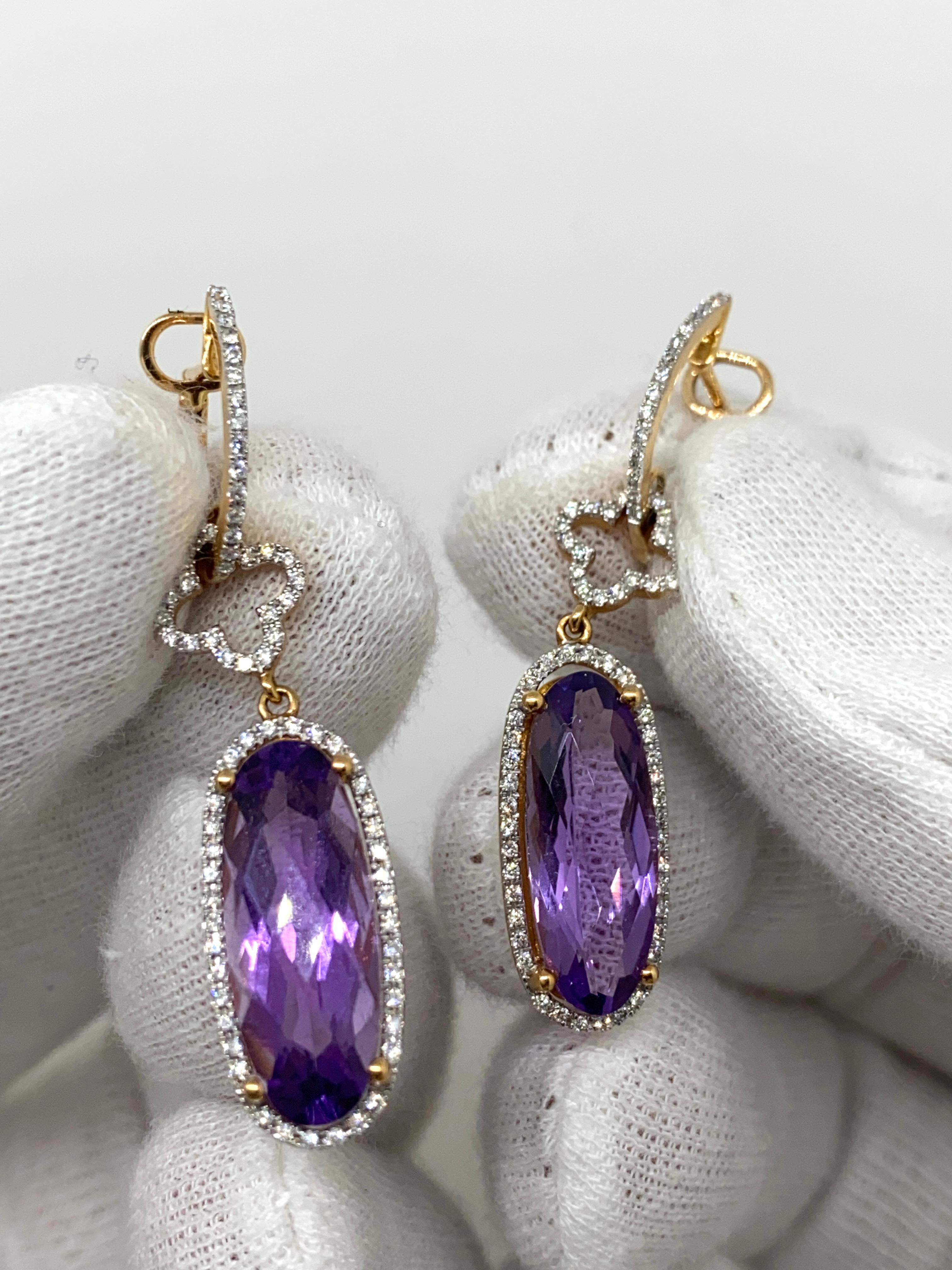 Oval Cut 18kt Rose Gold Dangling Earrings 7.89ct Violet Amethysts & 0.45ct Diamonds For Sale