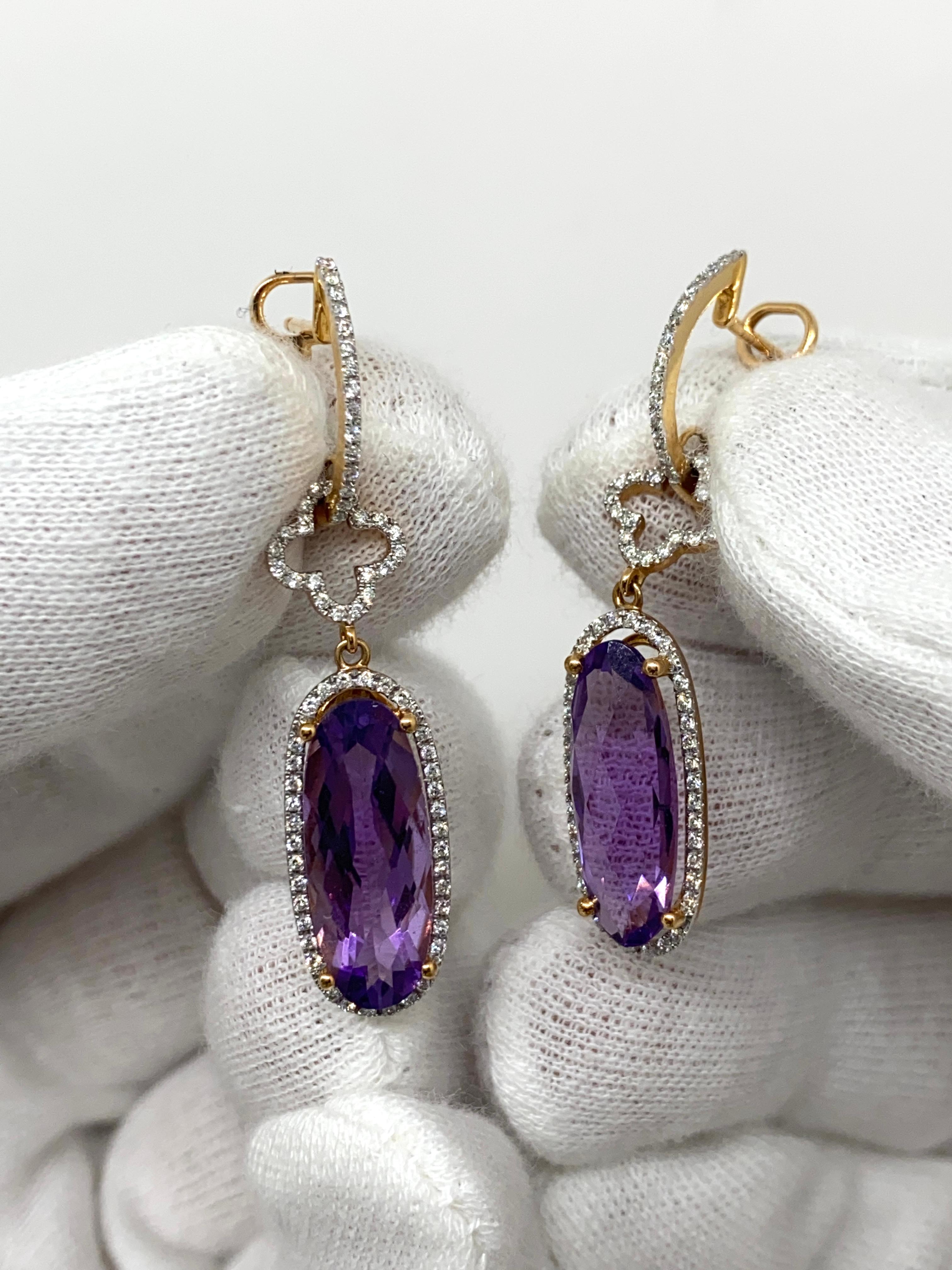 18kt Rose Gold Dangling Earrings 7.89ct Violet Amethysts & 0.45ct Diamonds In New Condition For Sale In Bergamo, BG