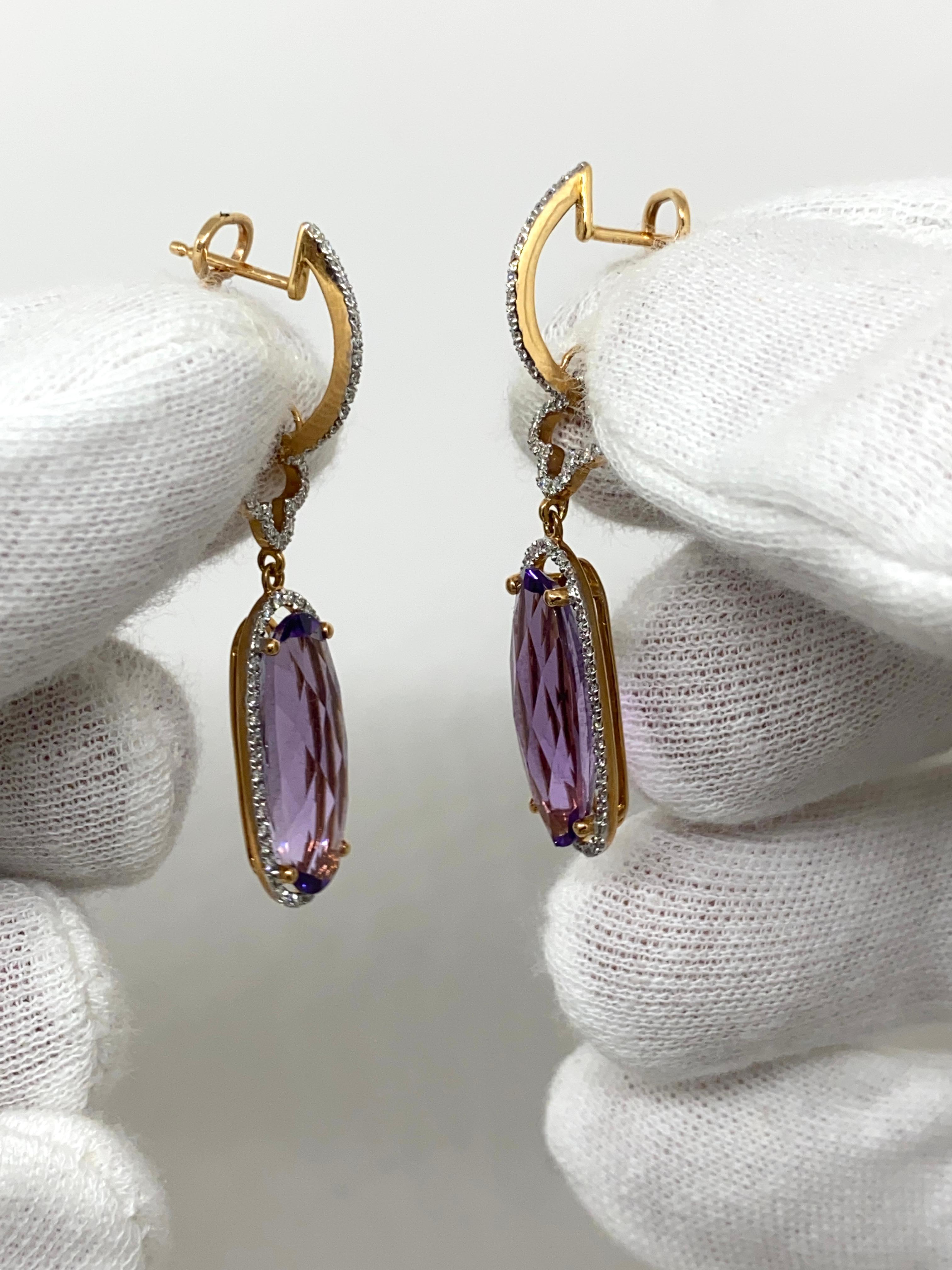 Women's 18kt Rose Gold Dangling Earrings 7.89ct Violet Amethysts & 0.45ct Diamonds For Sale