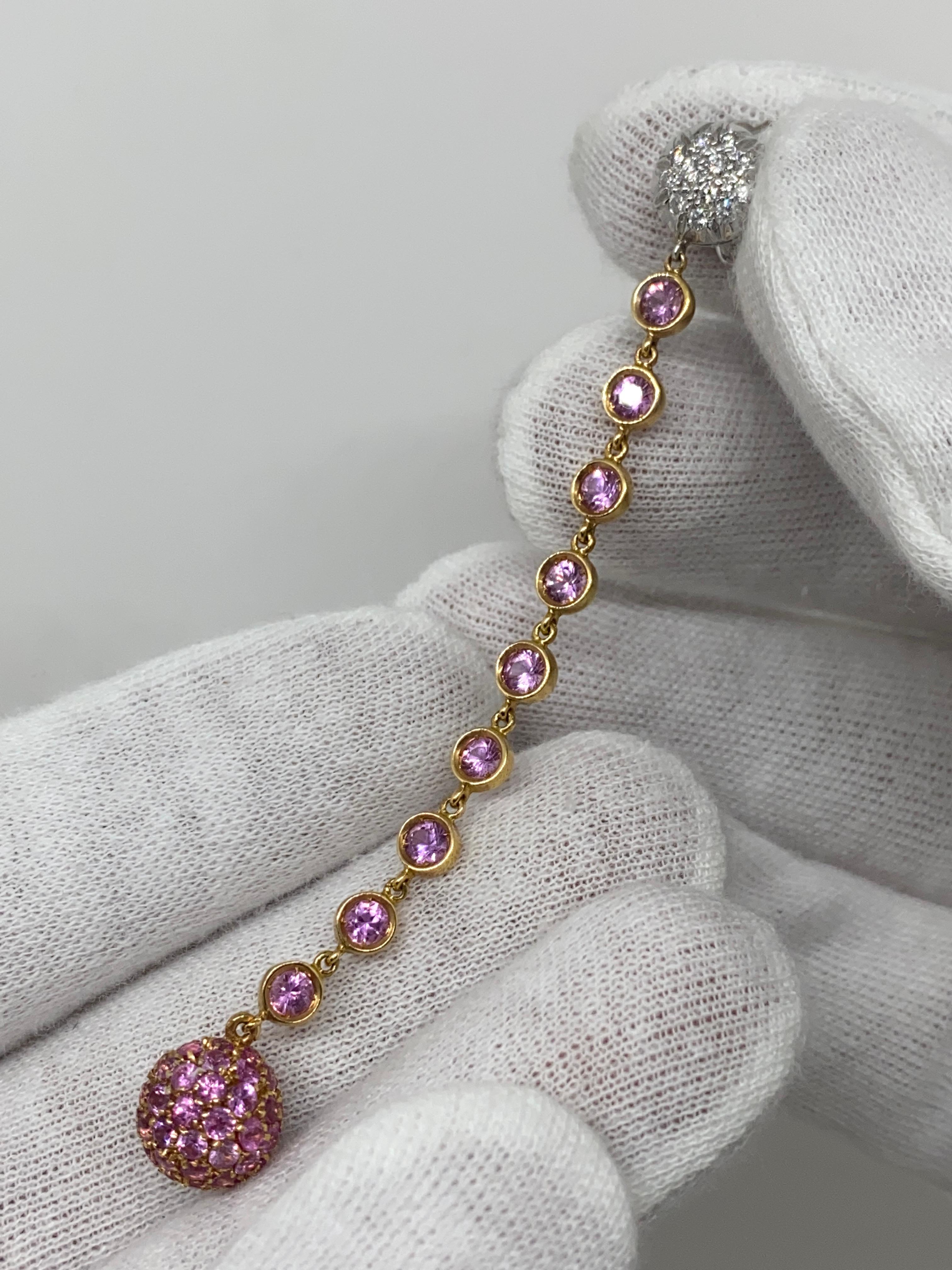 Brilliant Cut 18kt Rose Gold Dangling Earrings Pink Sapphires 4.76 Ct & White Diamonds 0.48 Ct For Sale