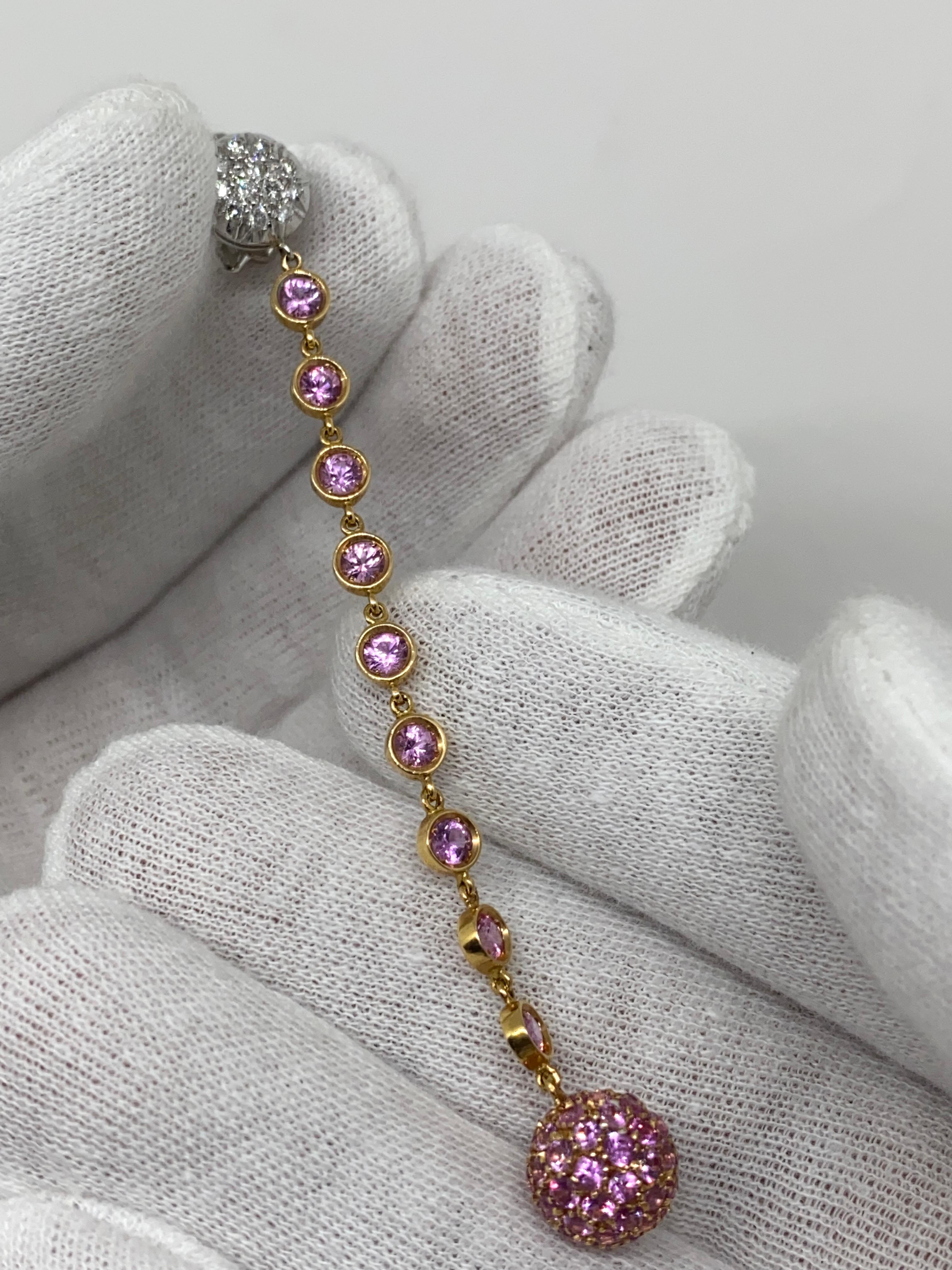 18kt Rose Gold Dangling Earrings Pink Sapphires 4.76 Ct & White Diamonds 0.48 Ct In New Condition For Sale In Bergamo, BG