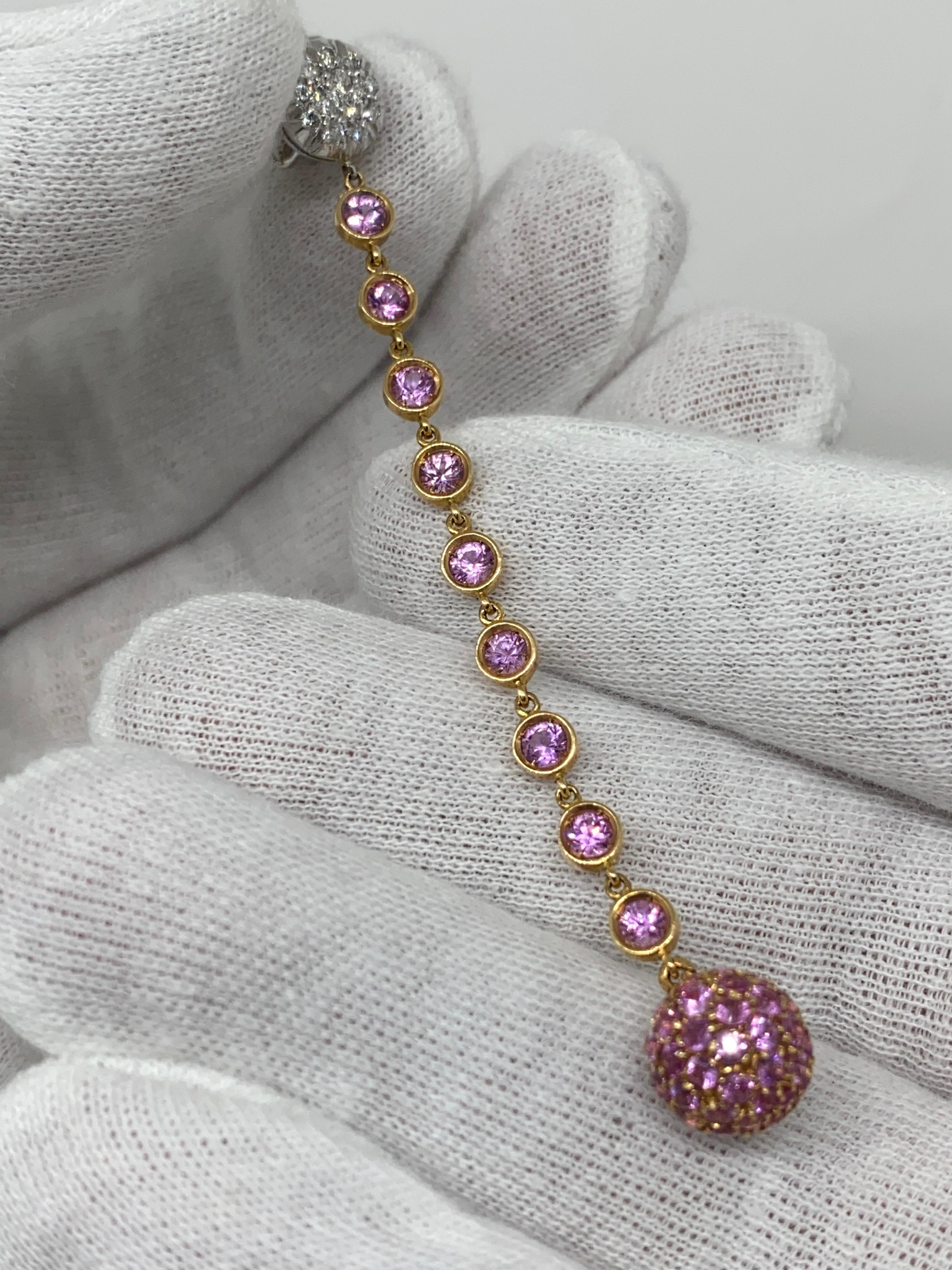 Women's 18kt Rose Gold Dangling Earrings Pink Sapphires 4.76 Ct & White Diamonds 0.48 Ct For Sale