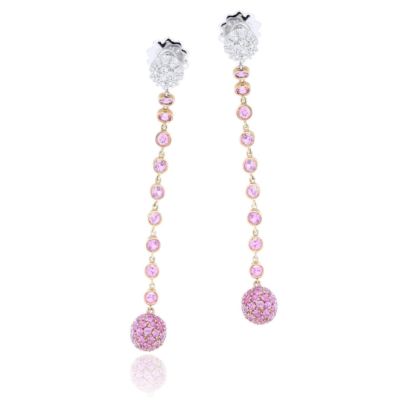 18kt Rose Gold Dangling Earrings Pink Sapphires 4.76 Ct & White Diamonds 0.48 Ct For Sale