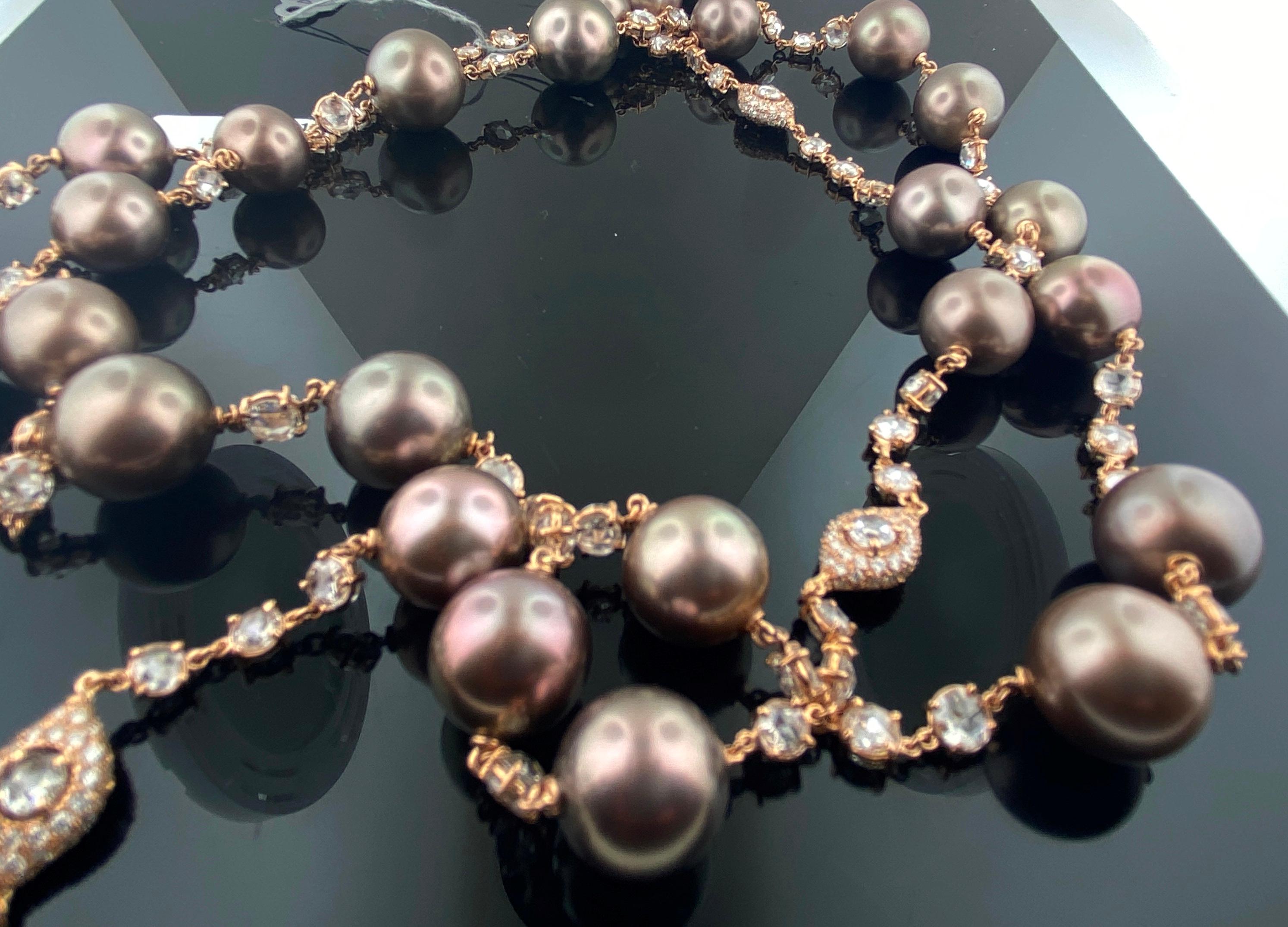 Women's or Men's 18KT Rose Gold Diamond and South Sea Pearl Necklace For Sale