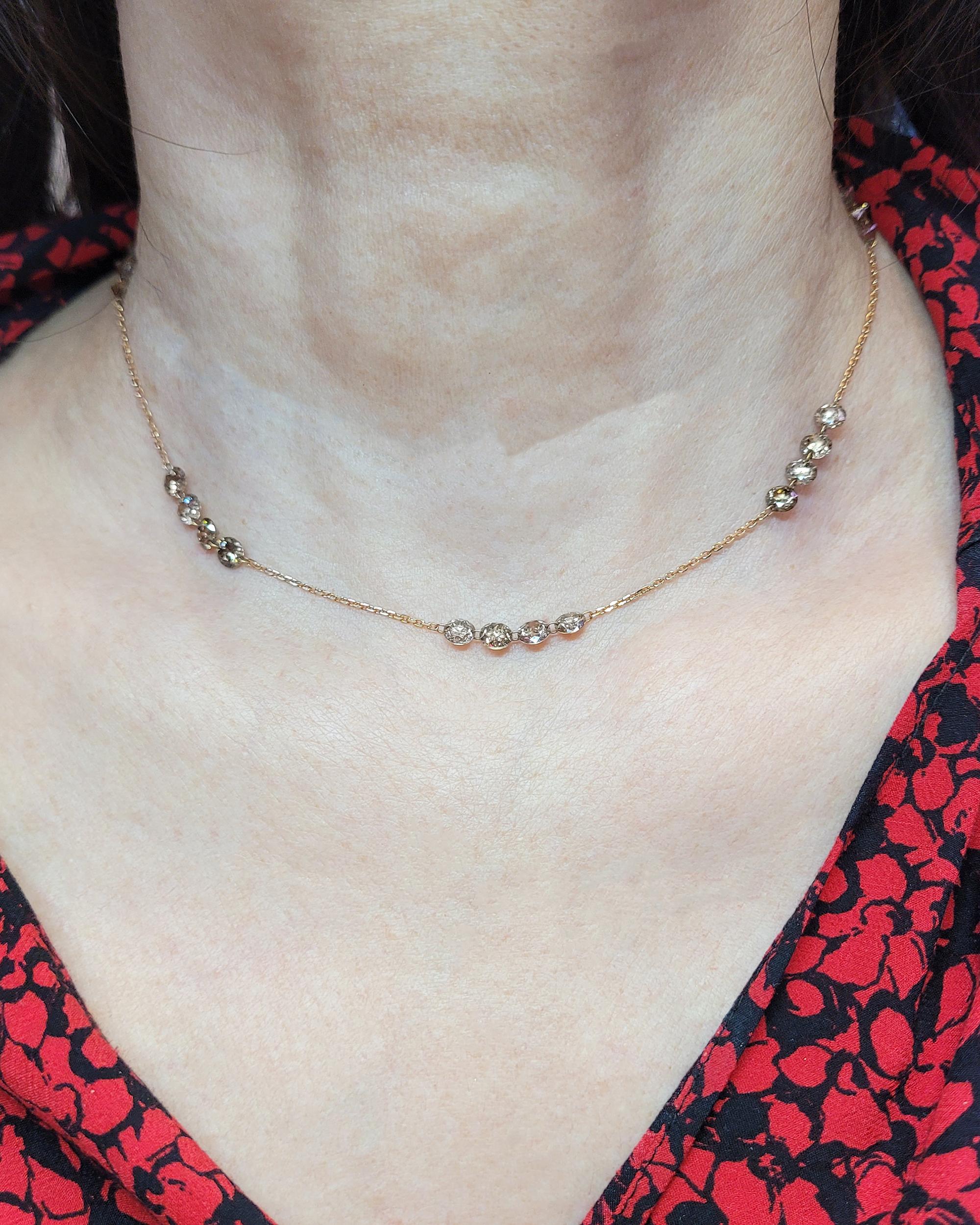 Collar de cadena de diamantes de oro rosa de 18 quilates con diamantes champán Corte redondo en venta