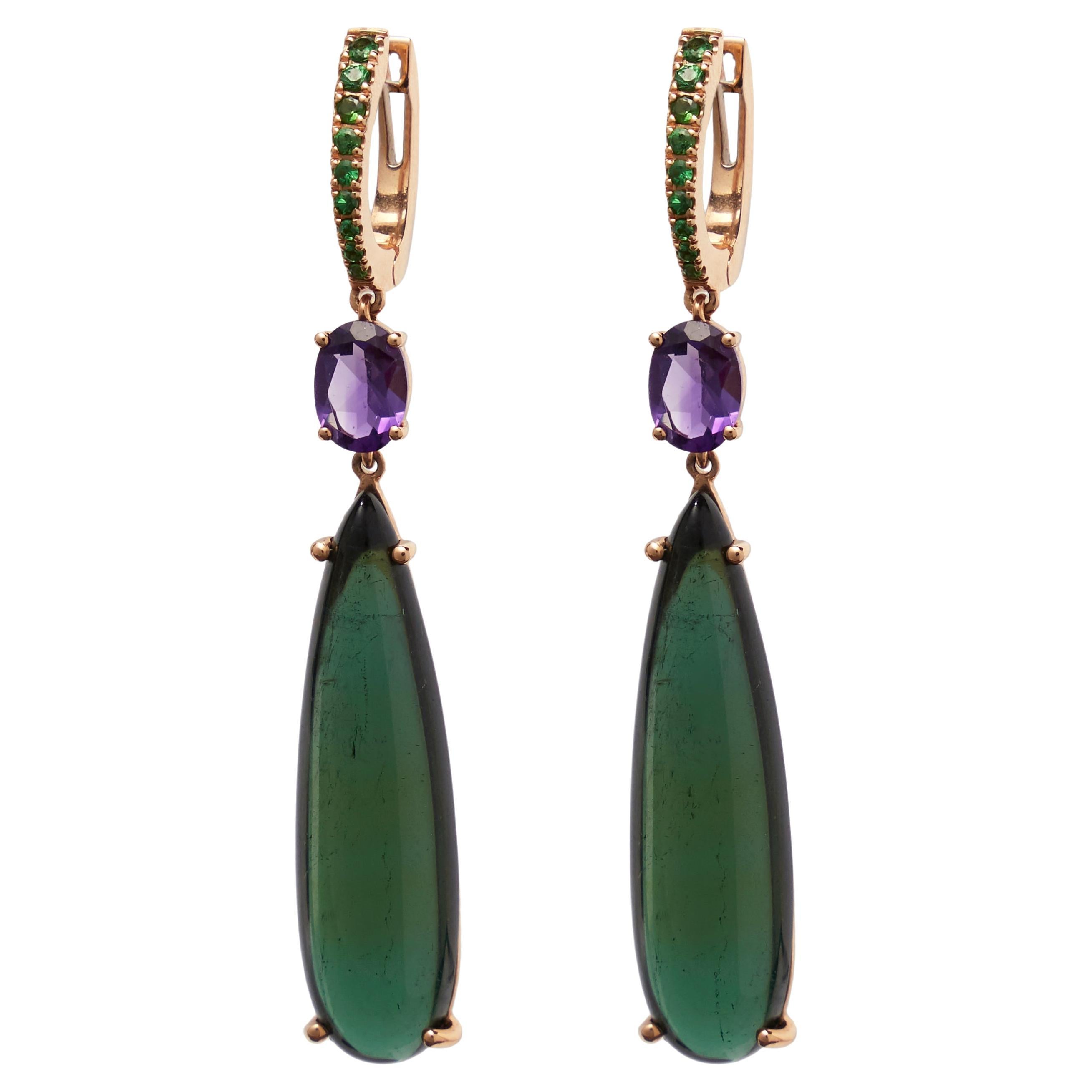 18kt Rose Gold Drop Earrings Green Tourmaline, Amethyst and Tsavorite