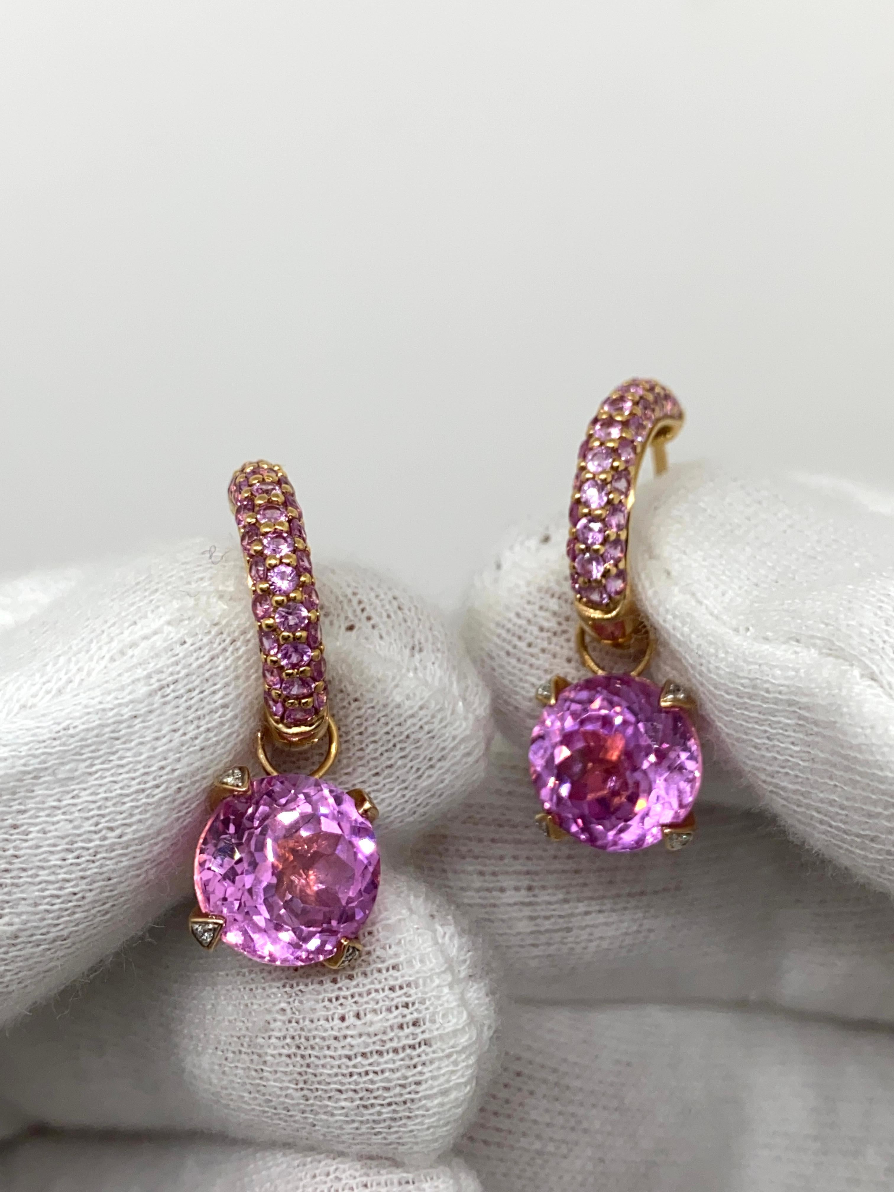 Brilliant Cut 18Kt Rose Gold Drop Earrings Pink Sapphires 1.39 Carat, Pink Quartz & Diamonds