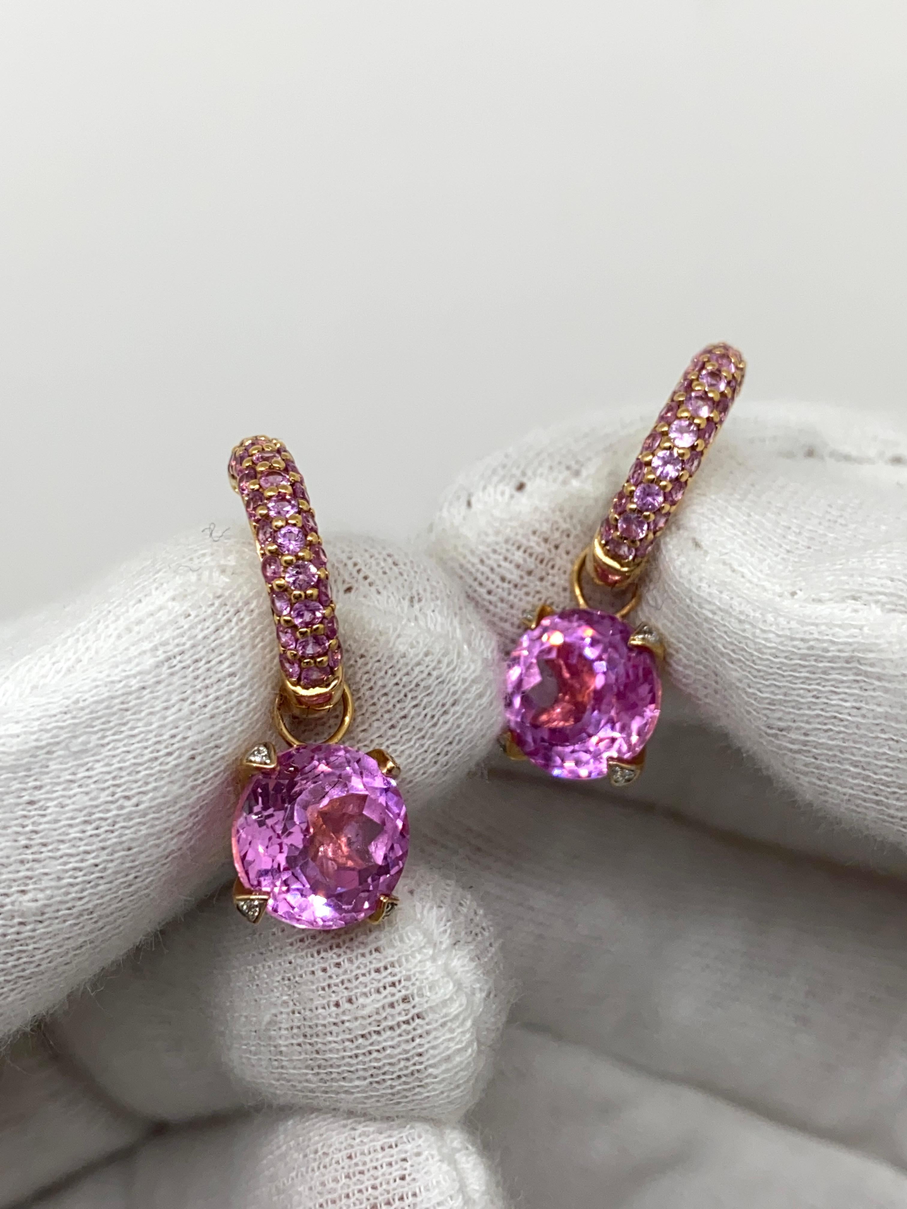18Kt Rose Gold Drop Earrings Pink Sapphires 1.39 Carat, Pink Quartz & Diamonds In New Condition In Bergamo, BG