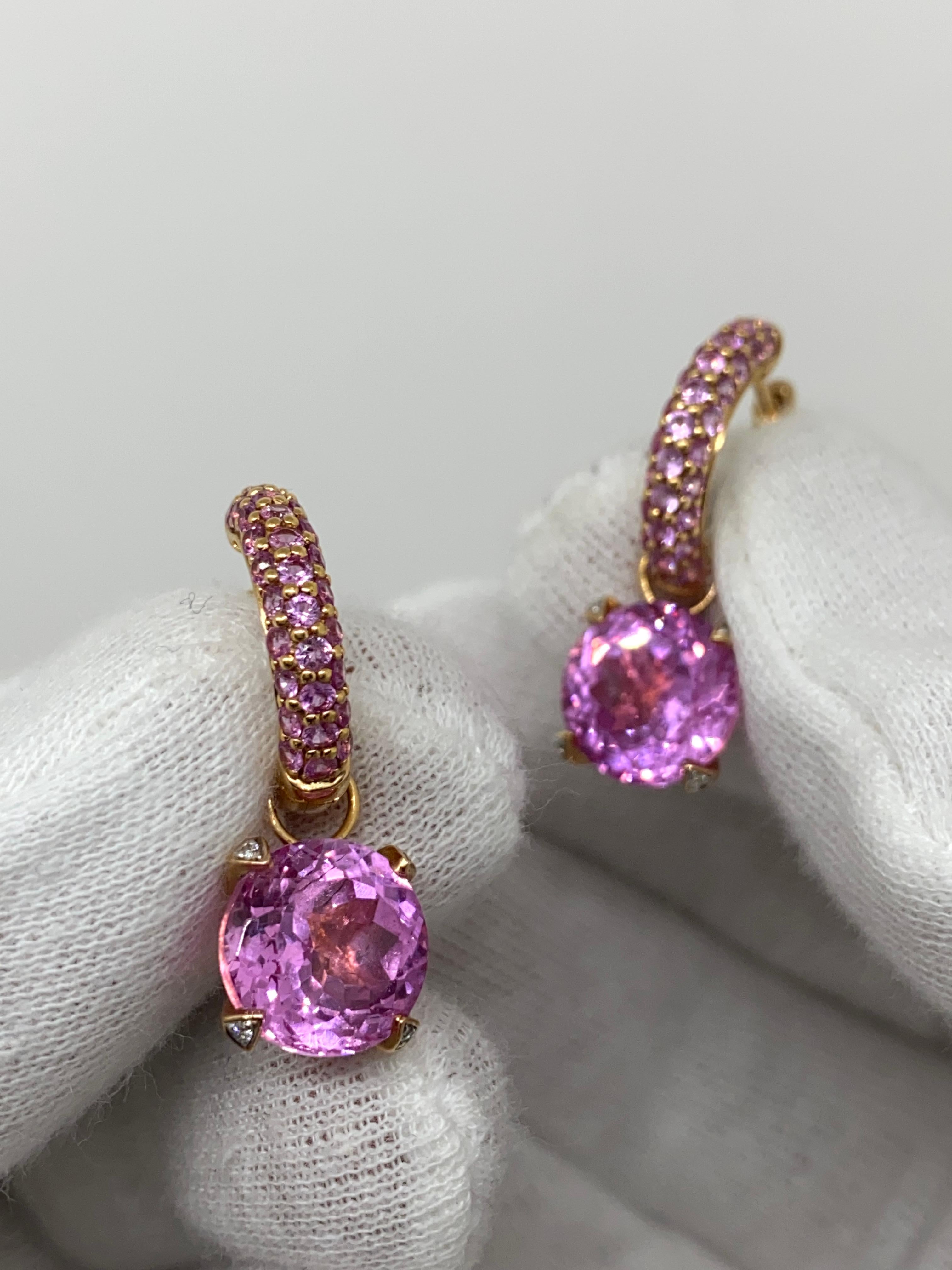 Women's 18Kt Rose Gold Drop Earrings Pink Sapphires 1.39 Carat, Pink Quartz & Diamonds