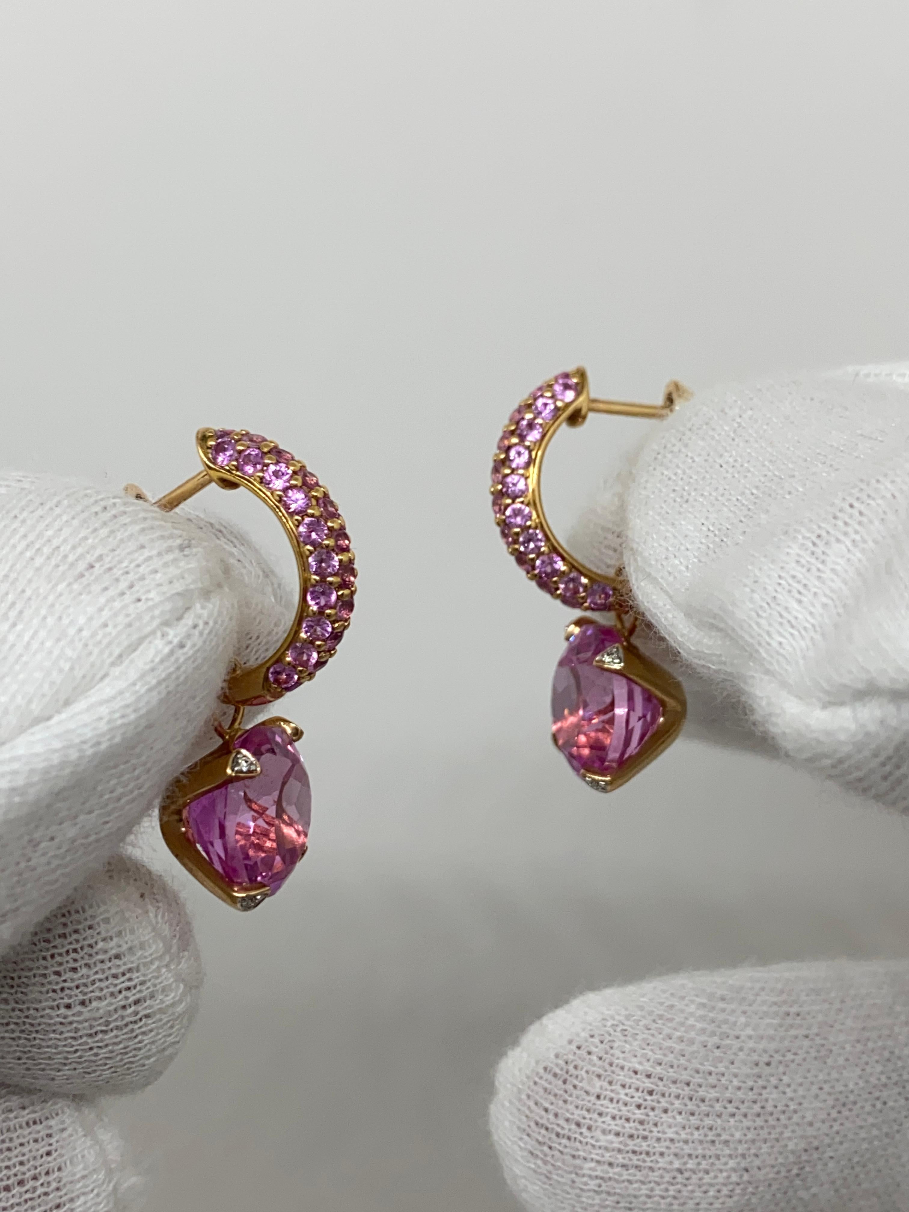 18Kt Rose Gold Drop Earrings Pink Sapphires 1.39 Carat, Pink Quartz & Diamonds 1