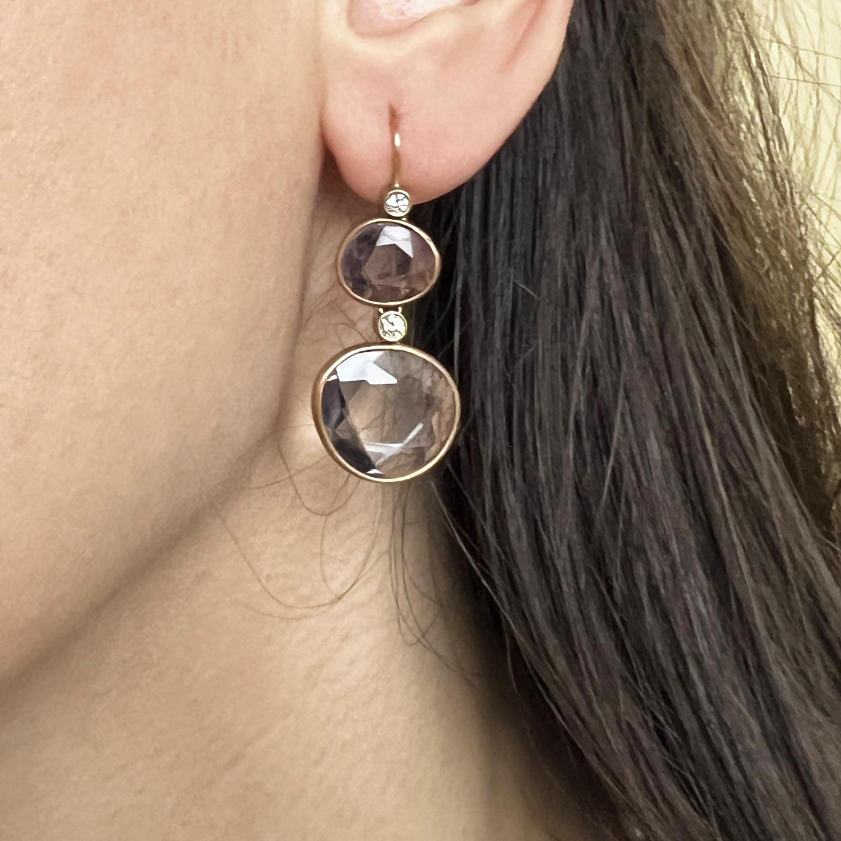 Brilliant Cut 18kt rose gold earrings &  diamonds & amethyst flat faceted gems