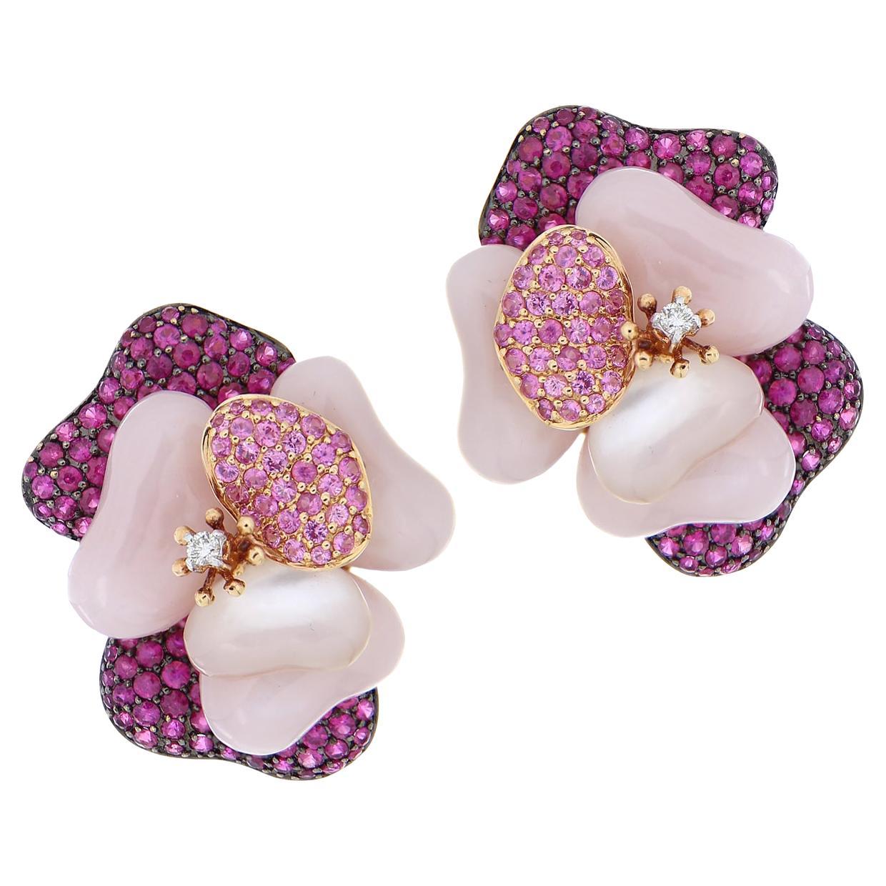 18kt Rose Gold Earrings Flowers 5.0ct Pink Sapphires, Mother of Pear & Diamond For Sale